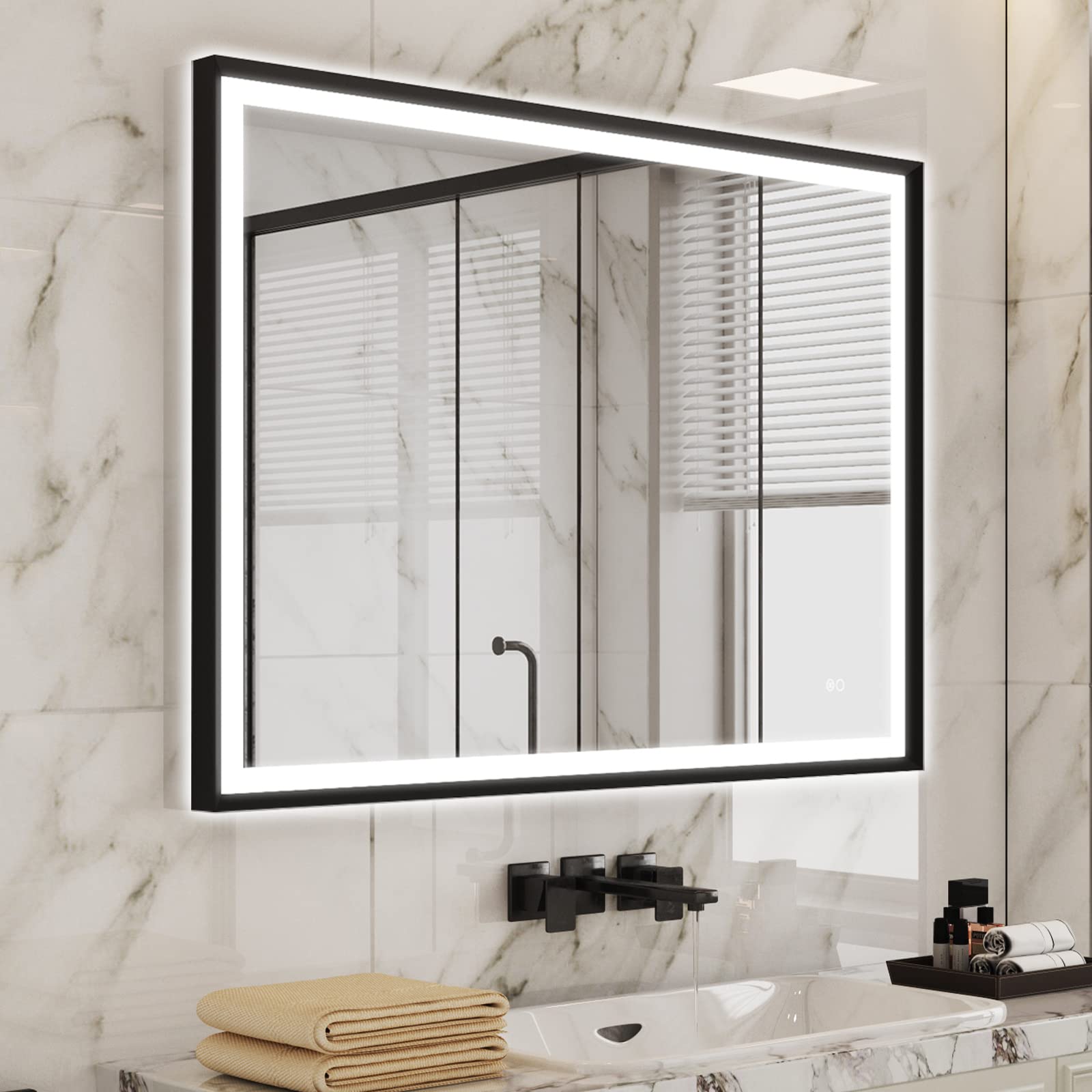 Amazon.com: WELLFOR 48W x 36L Wall LED Framed Mirror, Backlit and Front ...