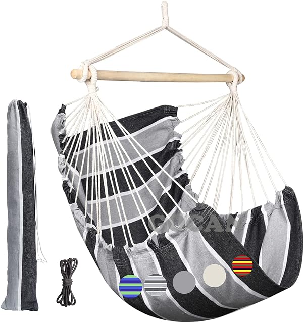 GOCAN Hammock Chair Large Hammock Swing,110 X 150cm load 350lbs,Cotton Hanging Chair Hardwood Spreader Bar Wide Seat Swing Chair (Gray Stripe)