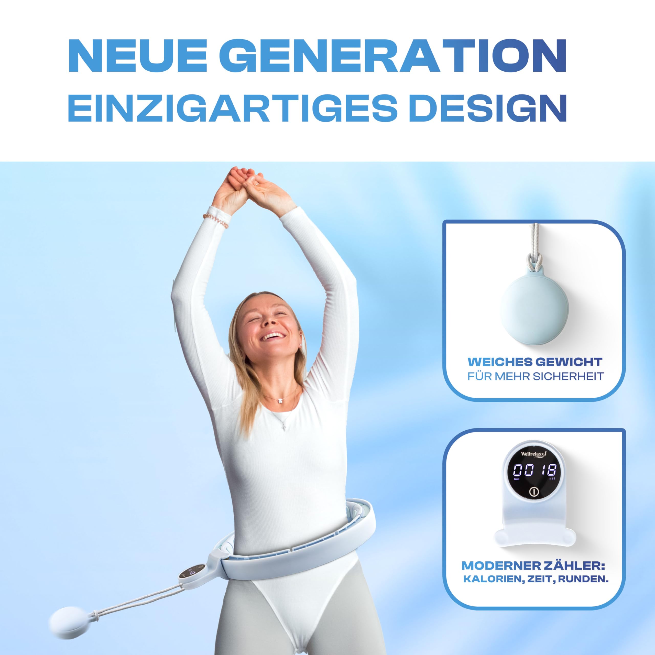 Wellrelaxx Smart Hula Hoop Testsieger leise und drehfreudig mit Zähler | Hula Hoop mit Gewicht Kugel | Hullahub Reifen zum Abnehmen für Training mit Spaß | Umfang 70-110cm