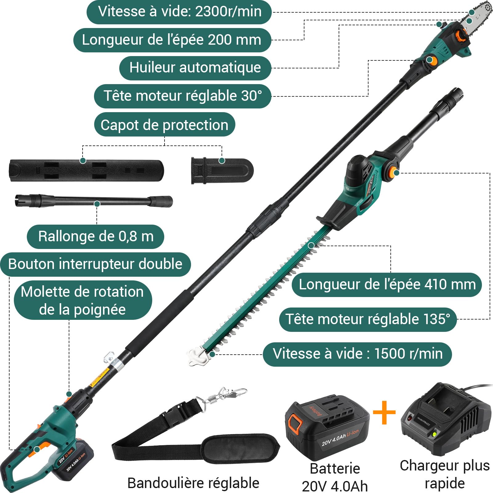 2-en-1 Élagueur sur Perche et Taille Haie Télescopique sans Fil, Batterie Li-ION 20 V 4 Ah/Chargeur, Poignée Principale Orientable, Tête Inclinable, Portée 4 m, Bandoulière Incluse
