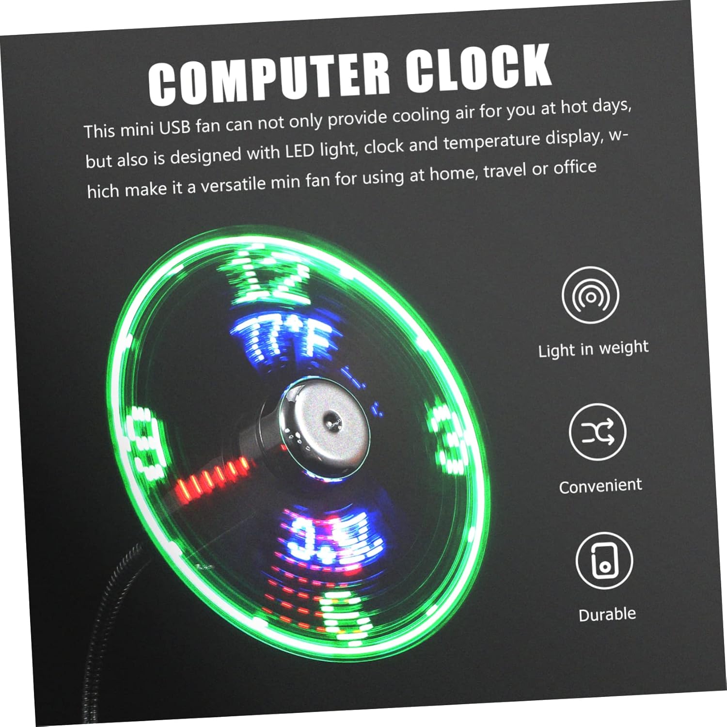 3pcs USB LED Clock Fan with Temperature Display Portable Mini Gooseneck Fan for Desk USB Powered Cooling Device for Home Office and Travel