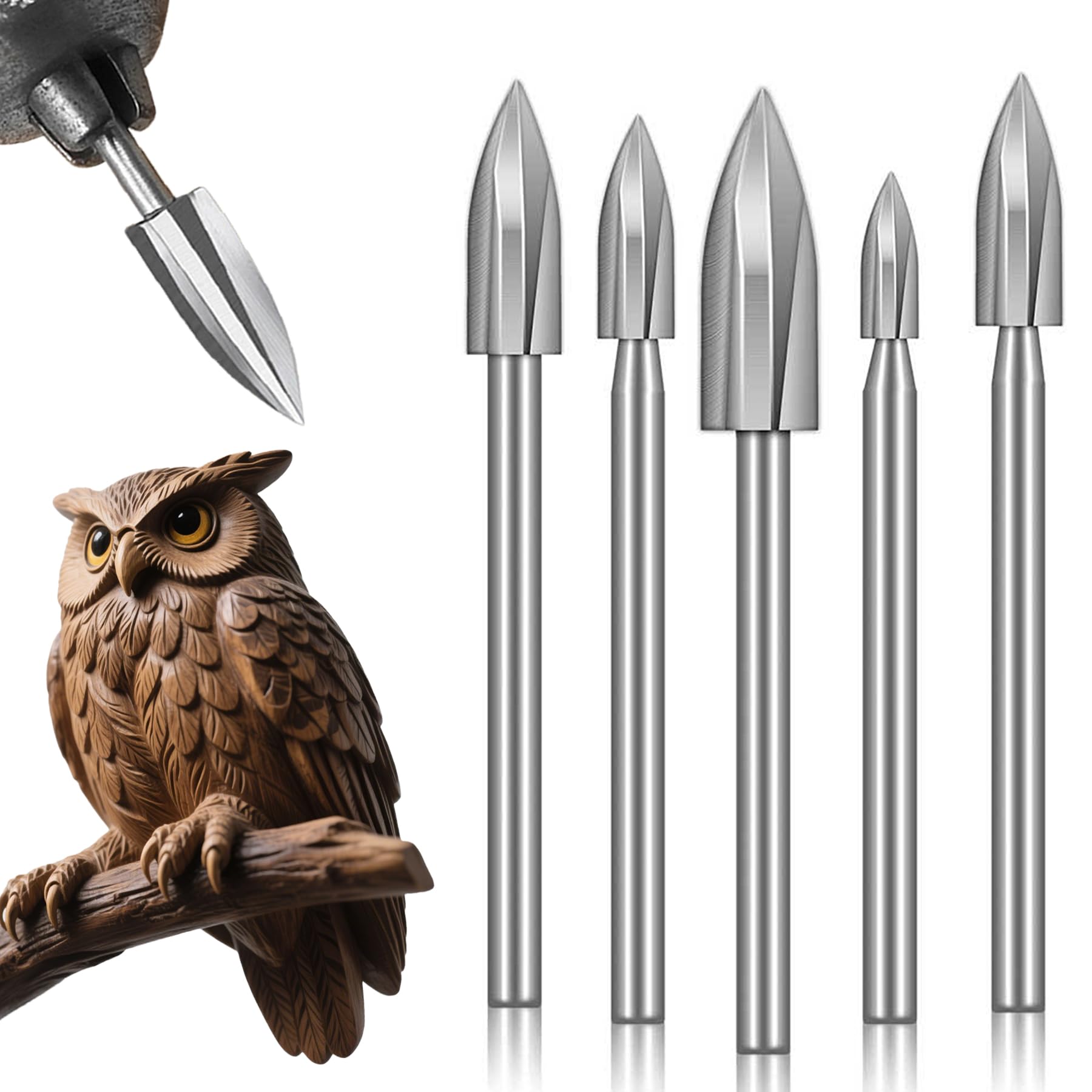 Juego de 5 herramientas de tallado HSS con vástago de 3 mm, fresa de madera de precisión para herramientas rotativas Dremel, carpintería, torneado de madera, accesorios