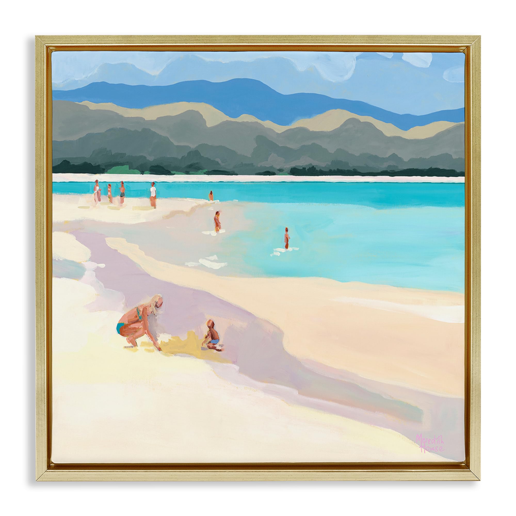 Stupell Industries Metallic Gold (Matte) Mother And Child Beach Scene, 17 X 17 Inch Canvas In Floater Frame