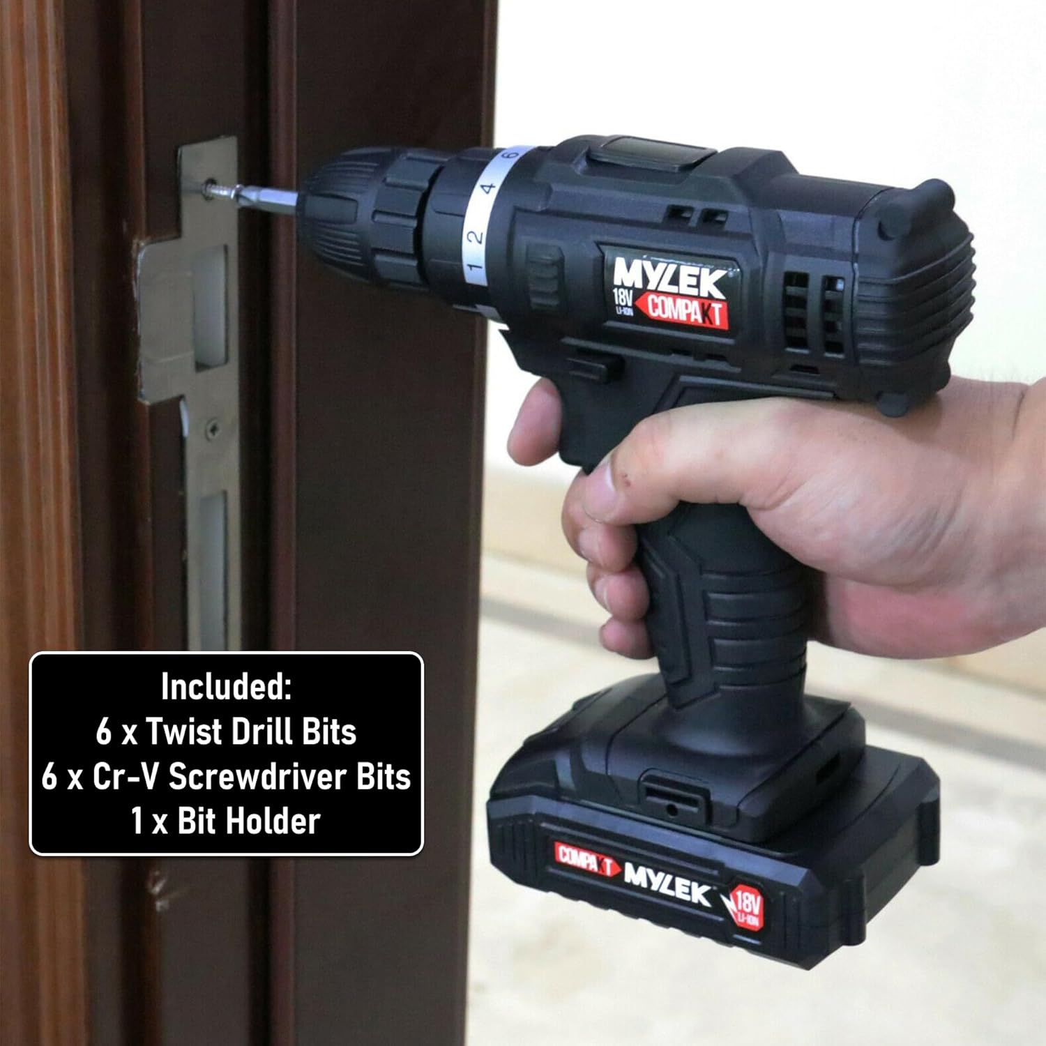 MYLEK 18V Cordless Drill being used to screw into a door