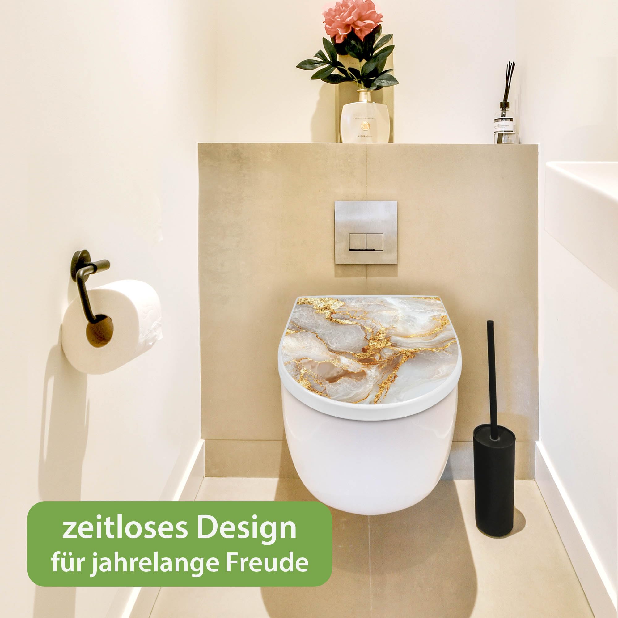 banjado WC Sitz mit Absenkautomatik D Form - Toilettendeckel mit Absenkautomatik D Form - Klodeckel Softclose - stabile Klobrille - Toilettensitz Weiß - Motiv Weißer Marmor mit Gold 1