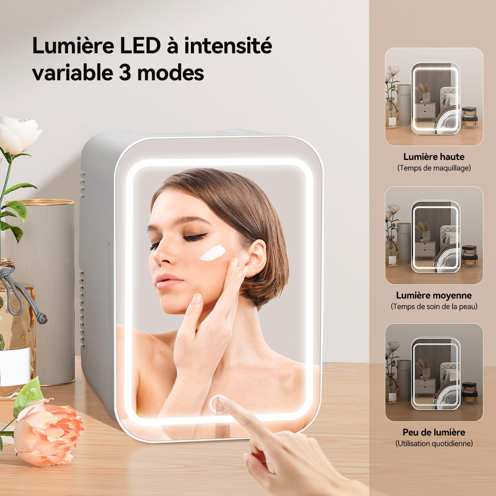 YU YUSING Mini Frigo Cosmétique 4L avec Miroir LED, Petit Frigo de Chambre Cosmétique avec Fonction Chaud/Froid, Mini Réfrigérateur Portable, 12V/220V, Miroir Maquillage pour Voitures (Blanc)