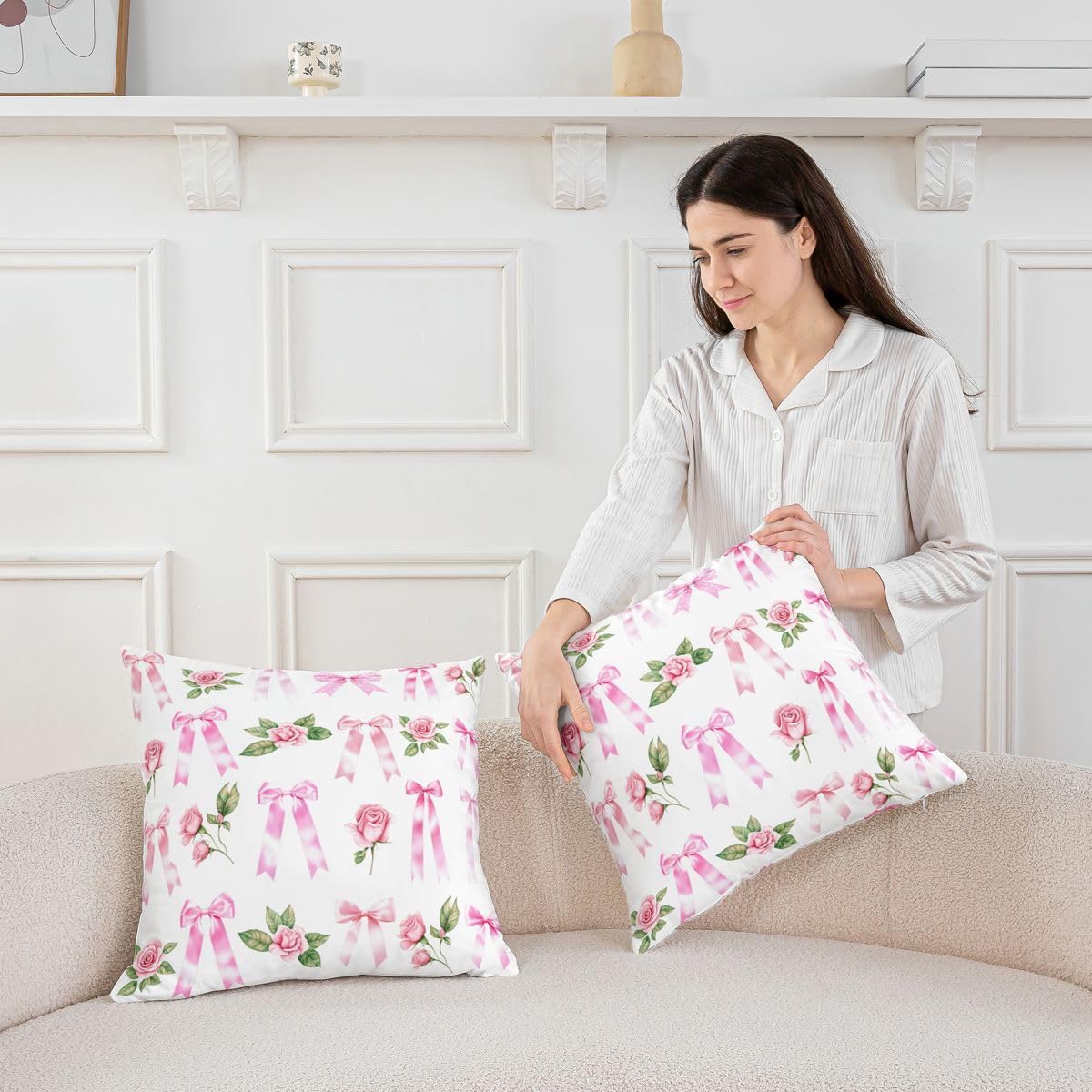 Manfei Pink Bow Tie Print Pillow Cover 22"x 22",Dreamy Princess Style Flower Double Sides Print Pillowcase Soft Square Cushion Case,Floral Bowknot Throw Pillow Covers Pack of 2