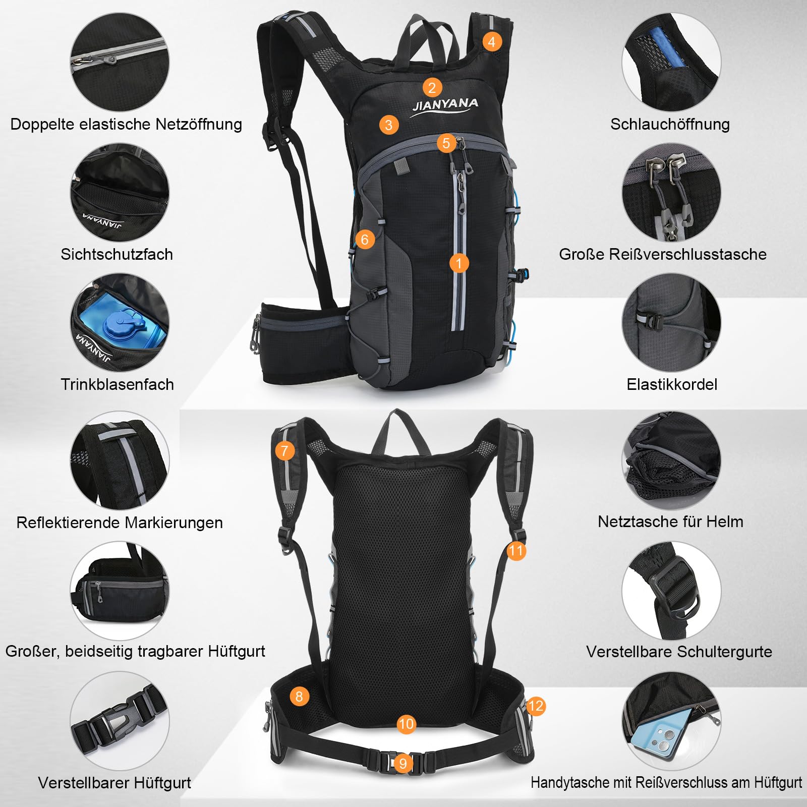 JIANYANA 2L Hydration Rucksack,Falbarer Trinkblasen-Rucksack,Helmtragesystem,Helmtasche aus Mesh,Ultraleichtes und atmungsaktives Design 550g Leichtgewicht,für Wandern,Radfahren,Laufen,Camping,Pendeln