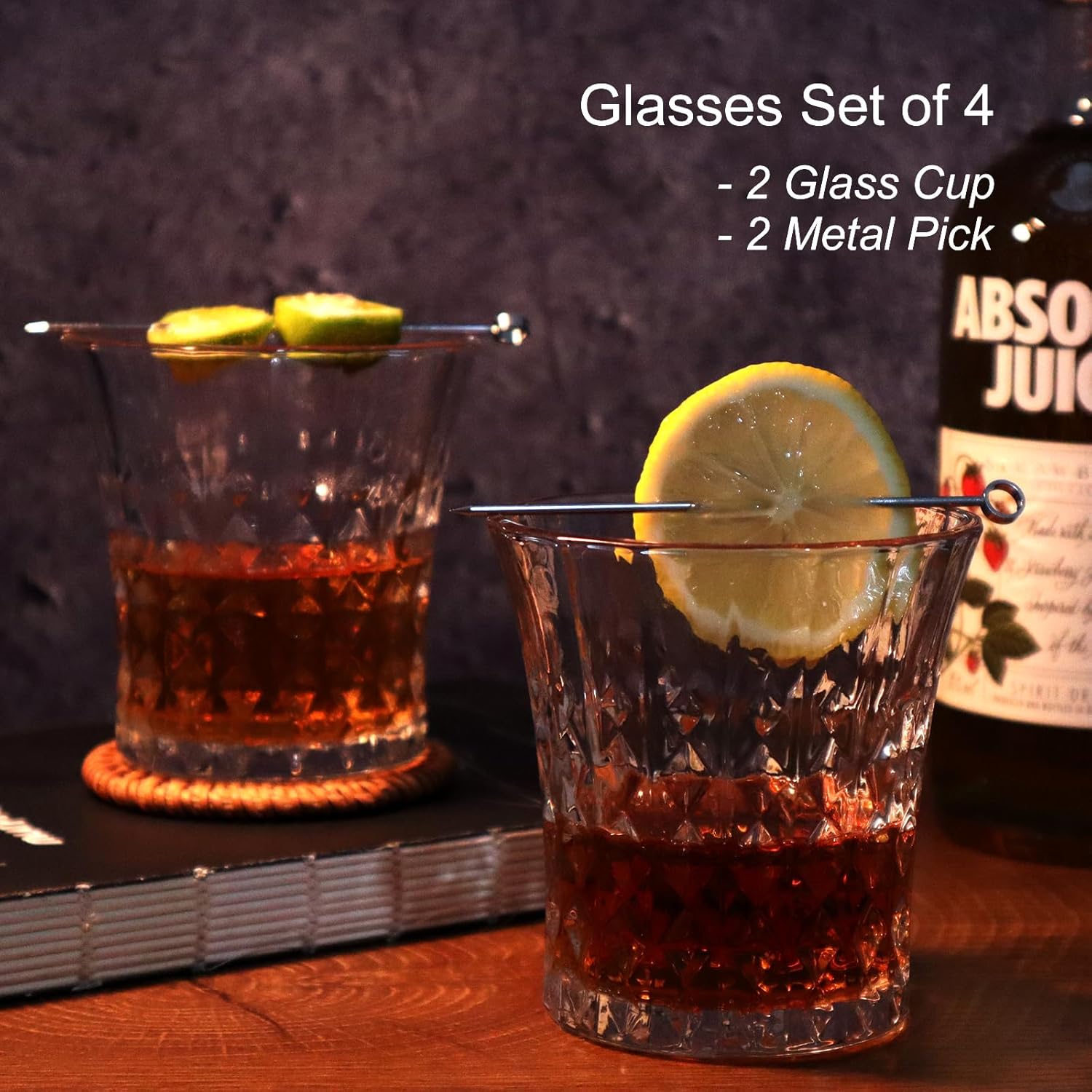 Whiskey Glass Set of 2 Cocktail Glass Cup with Luxury Box, 8.5 OZ Crystal Old Fashion Glasses Scotch Rum Cognac Vodka Liquor, Glass Drinking Set Gift for Men (2 Glass Cup & 2 Metal Picks) - Image 3