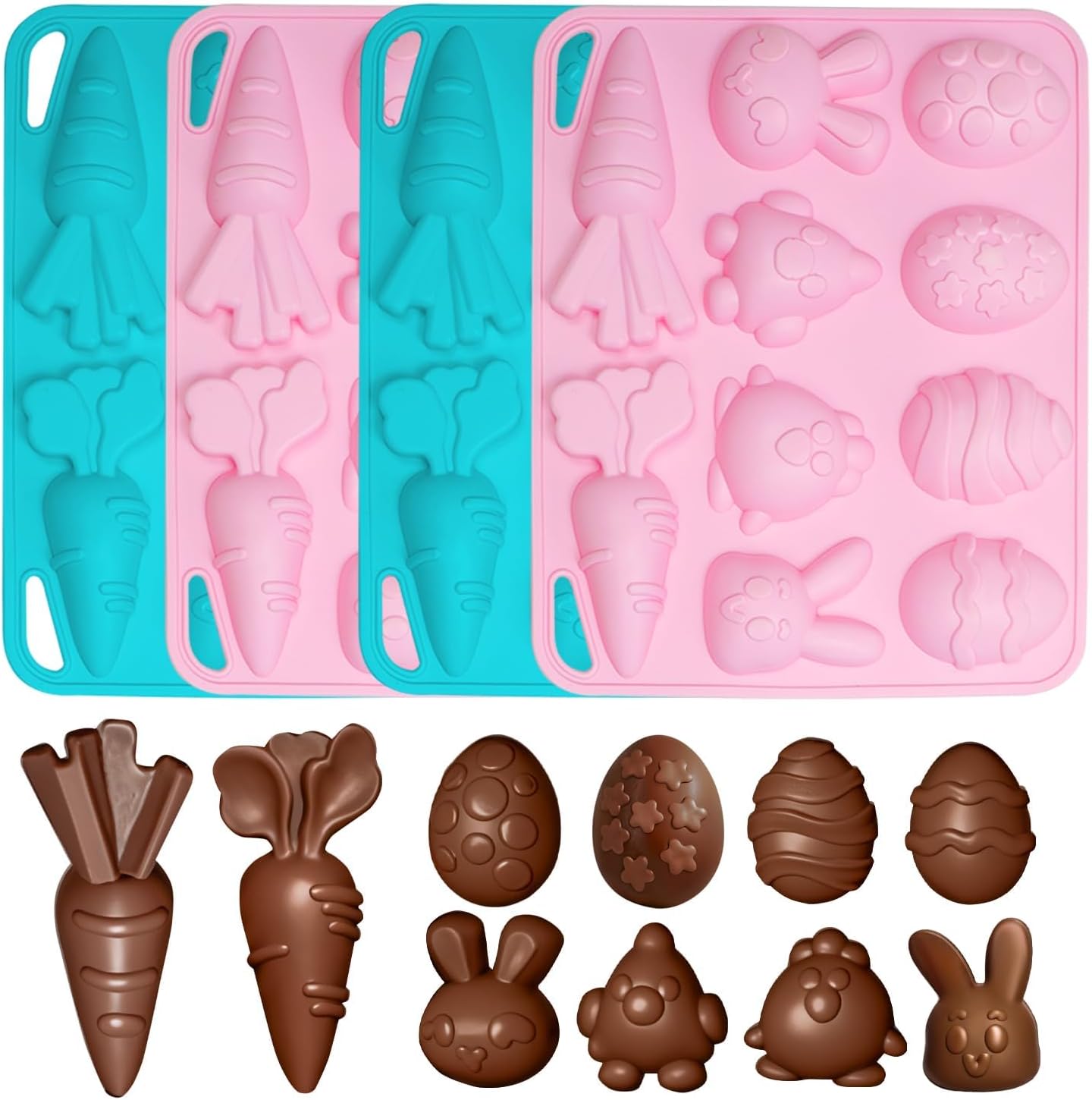 – Silicone Chocolate Molds 4 Pack, 3D Egg Bunny Carrot Candy Moulds, Nonstick Silicone Molds for Chocolate, Fondant, Jelly, Ice Cubes and Cake Decorating (Pink & Blue)