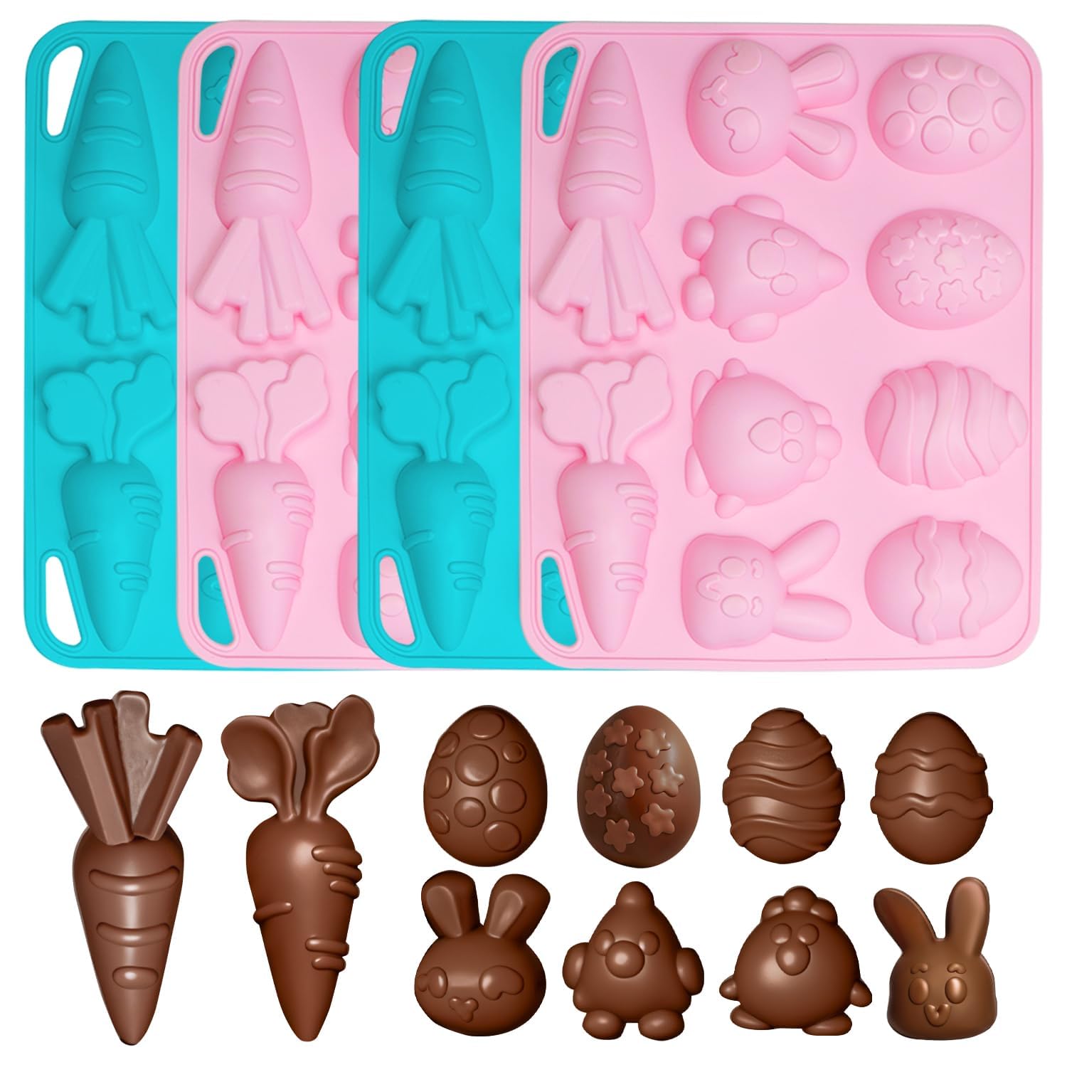 – Silicone Chocolate Molds 4 Pack, 3D Egg Bunny Carrot Candy Moulds, Nonstick Silicone Molds for Chocolate, Fondant, Jelly, Ice Cubes and Cake Decorating (Pink & Blue)