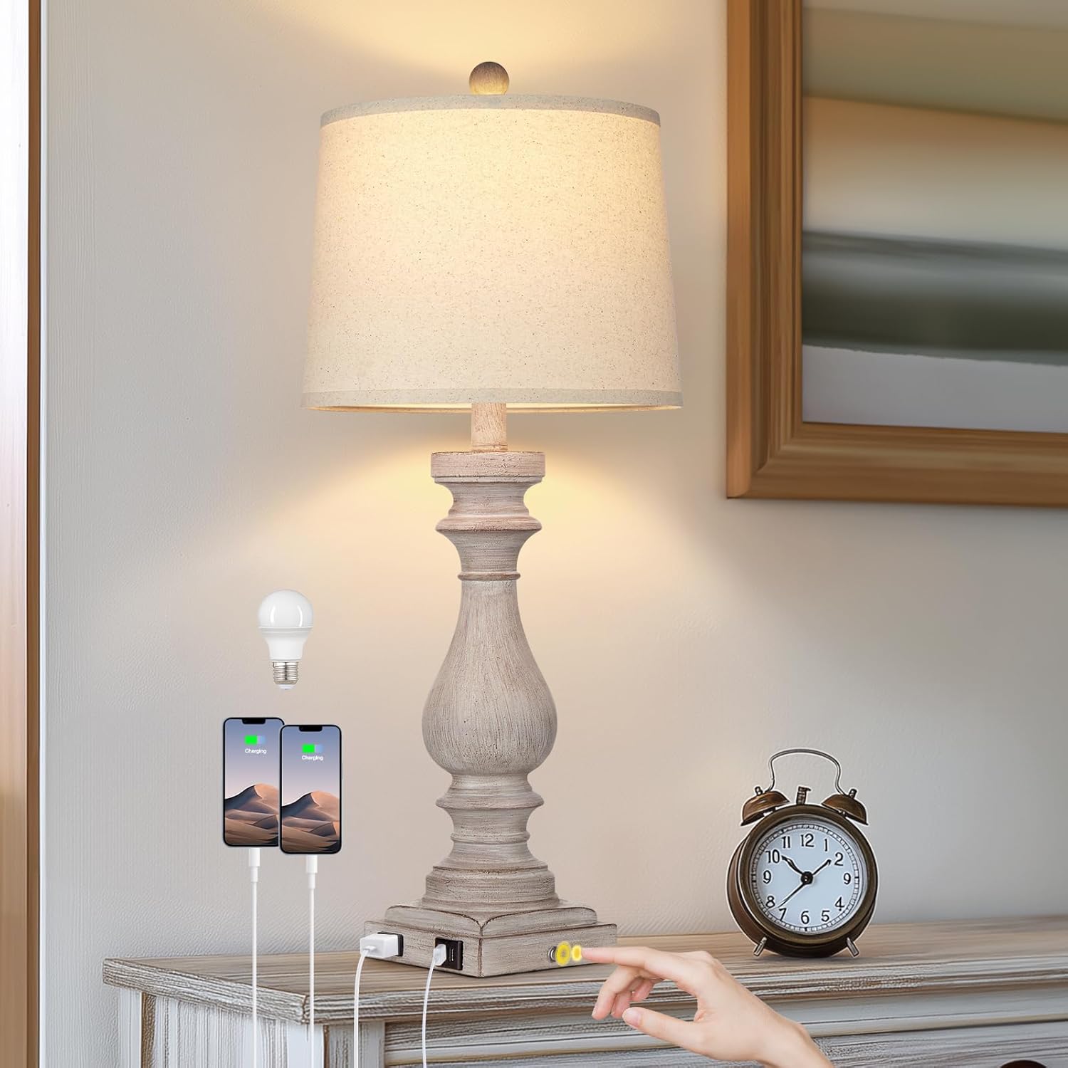 27.5" Tall Coastal Lamp,Retro-Blue Vintage Bedside Nightstand Lamps with USB Charging Ports A/C,3-Way Dimmable Touch Control Table Lamps for Bedroom Living Room,Single Blue