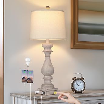Cinkeda 27.5" Tall Farmhouse Lamp,Wash-Grey Vintage Bedside Lamp with USB Charging Ports A/C,3-Way Dimmable Touch Control Retro Lamps for Bedroom Living Room,Single Grey