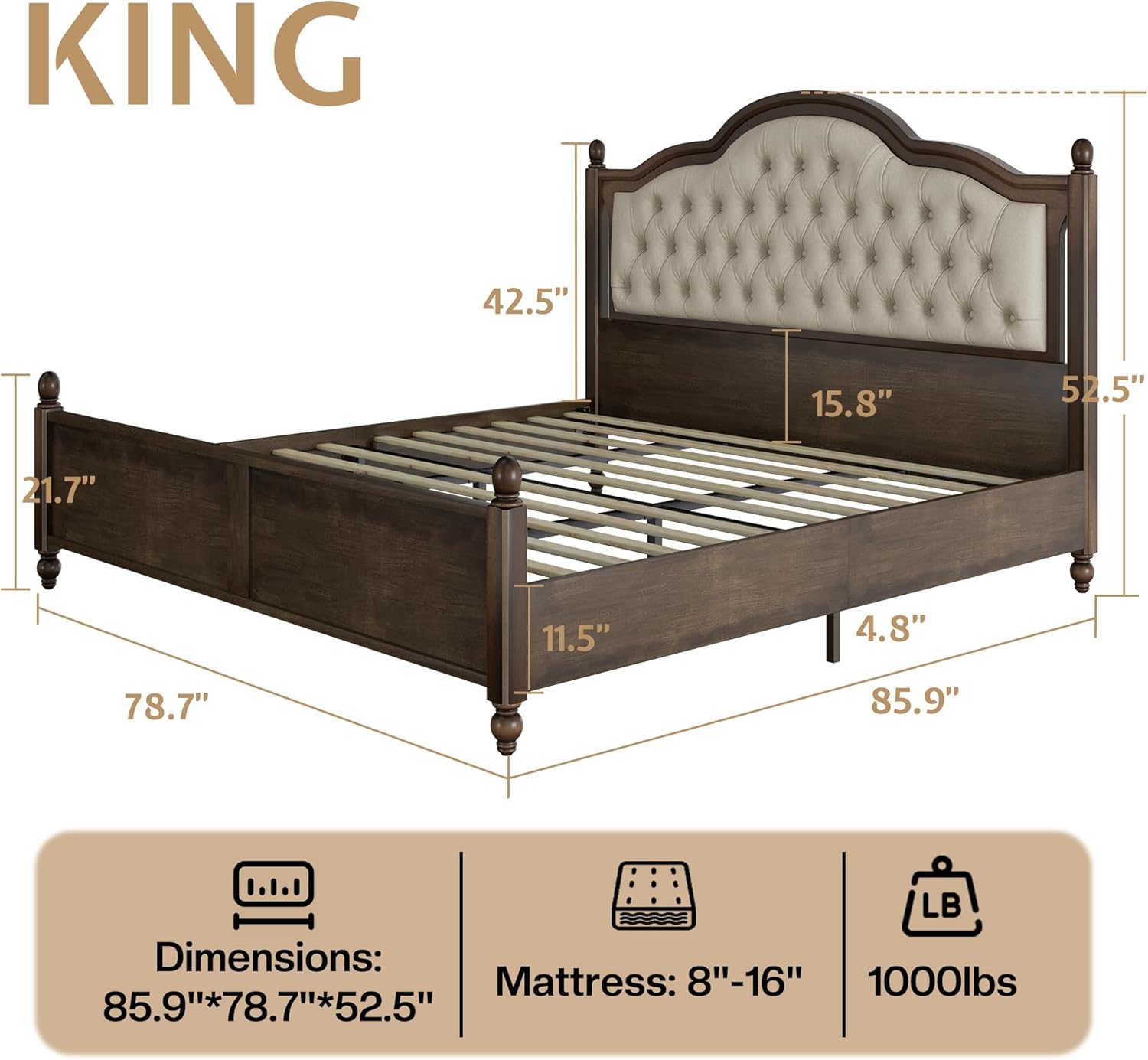Solid Wood King Bed Frame, Transitional Platform Bed with 52.5" Tufted Upholstered Headboard, Rubberwood Construction, Roman Column Accents, No Box Spring Needed