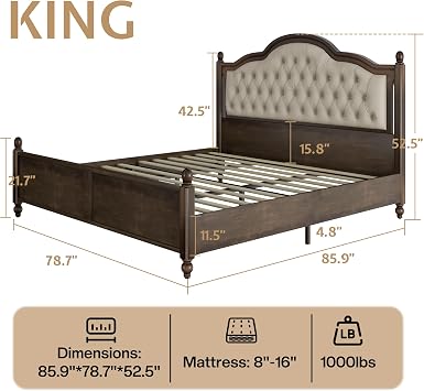 YUMPIE Solid Wood Transitional King Size Bed Frame with Tufted Headboard