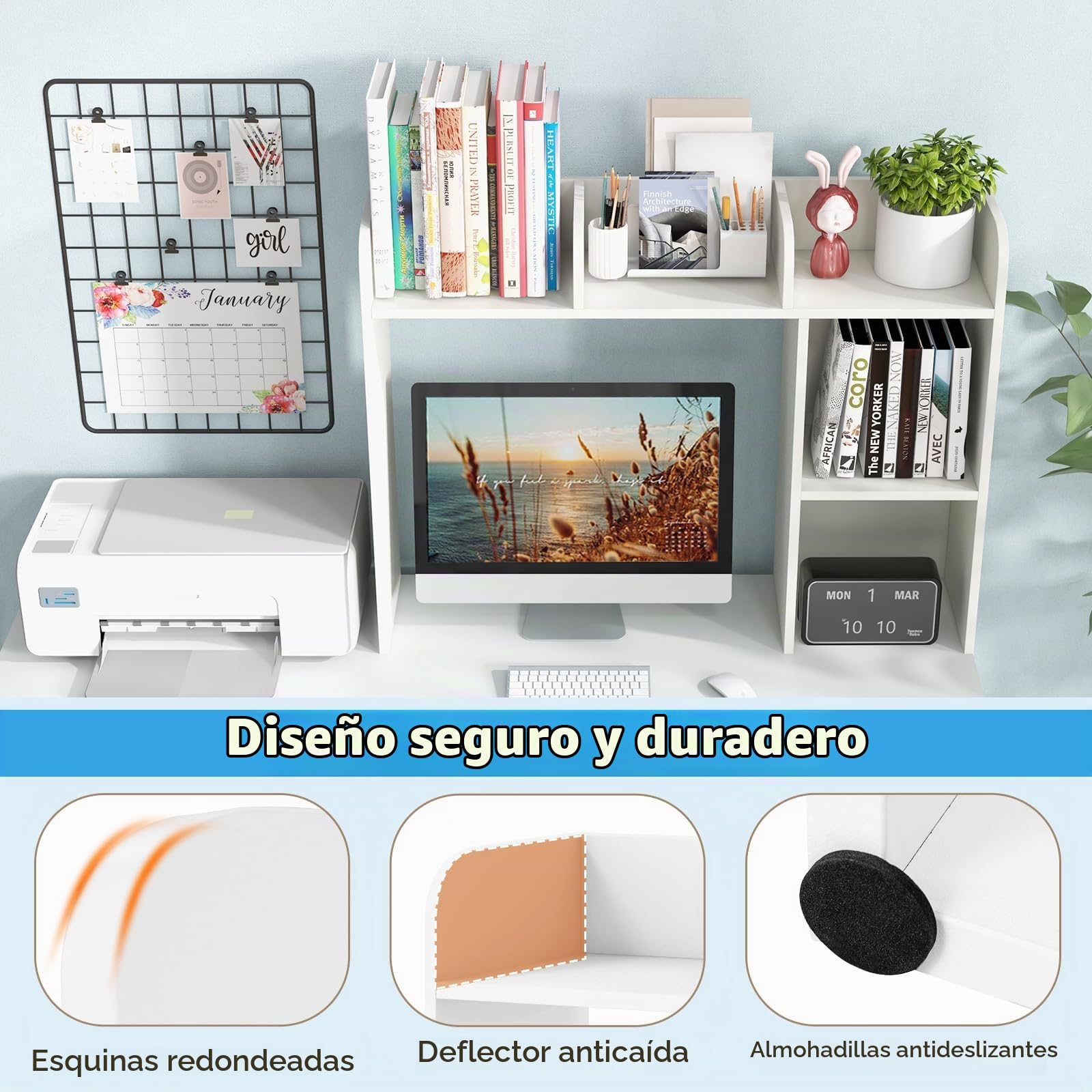 HOMASIS Librería de Escritorio, Estantería de Escritorio con 4 estantes y Compartimento Abierto Trasero, Organizador de Escritorio Multiusos con Dispositivo antivuelco, 94 x 25 x 74 cm (Blanco)