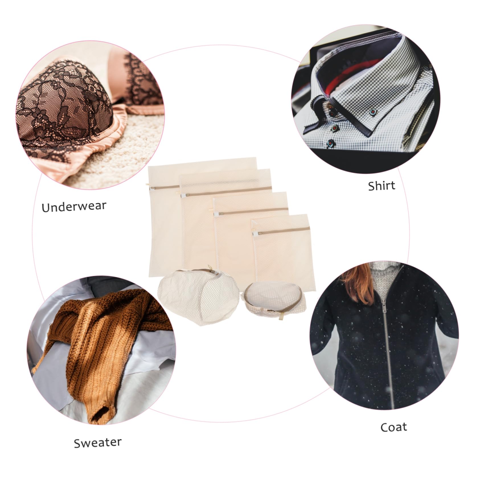 Borsa Rete per Lavaggio Delicati 6 Pezzi in Poliestere Beige | Chiusura Cerniera, per Reggiseni e Calze, Accessori Lavanderia per Lavatrice