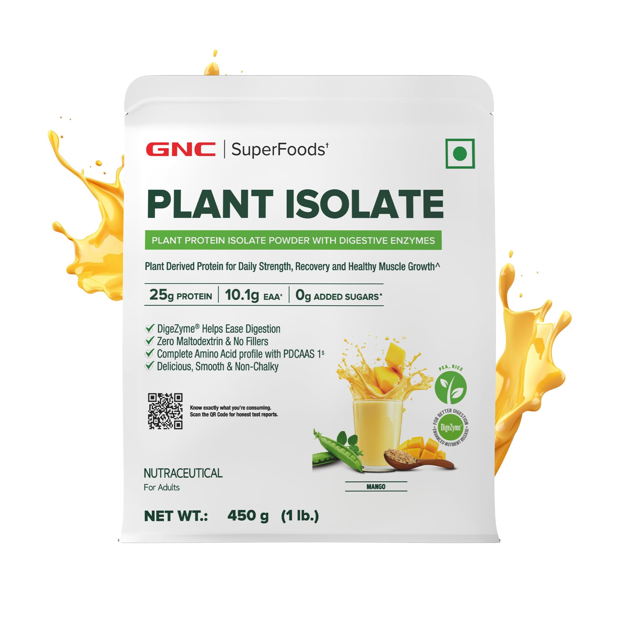 GNC Plant Protein Isolate Powder | 25g Protein Complete Amino Acid Profile with PDCAAS 1 Score | DigeZyme® For Faster Absorption | No Added Sugar | Delicious & Non-Chalky | Mango (1lbs)