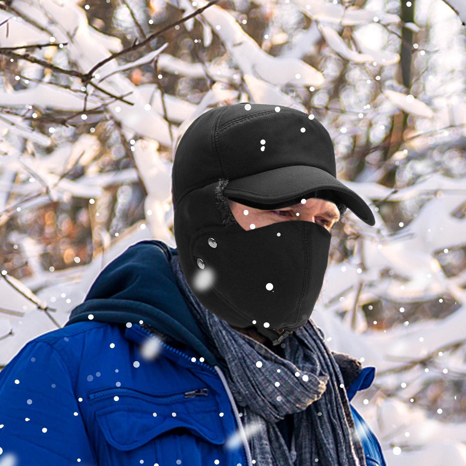 Unisex Furry Trapper Hat With Ear Flaps & Face Mask - Windproof Winter Hat For Cold Weather