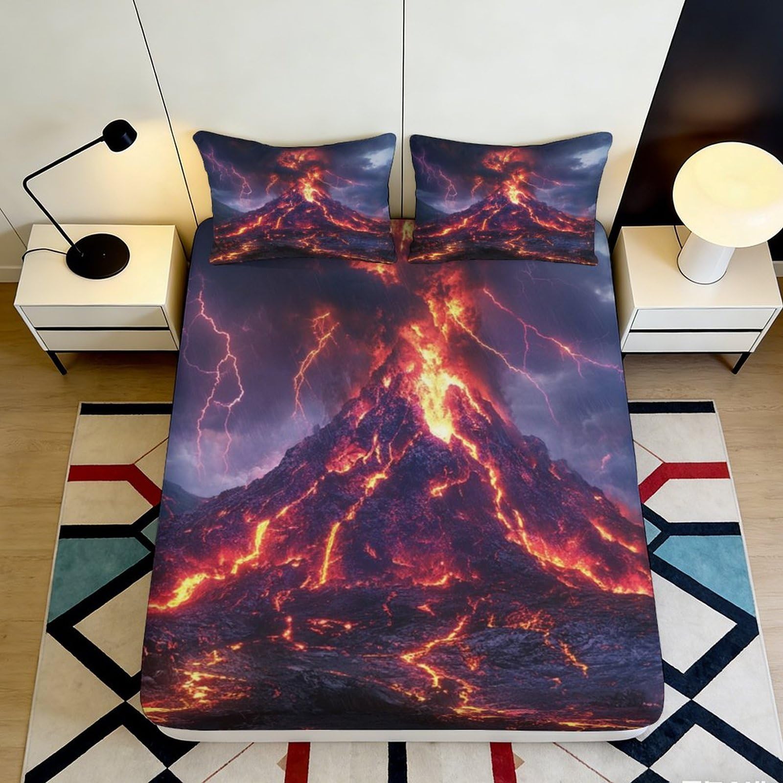 3D Printed Volcano Eruption Fitted Sheet Microfiber Anti-Slip Bed Sheet Bedroom Decor Dorm Mattress Cover 90x200x25cm