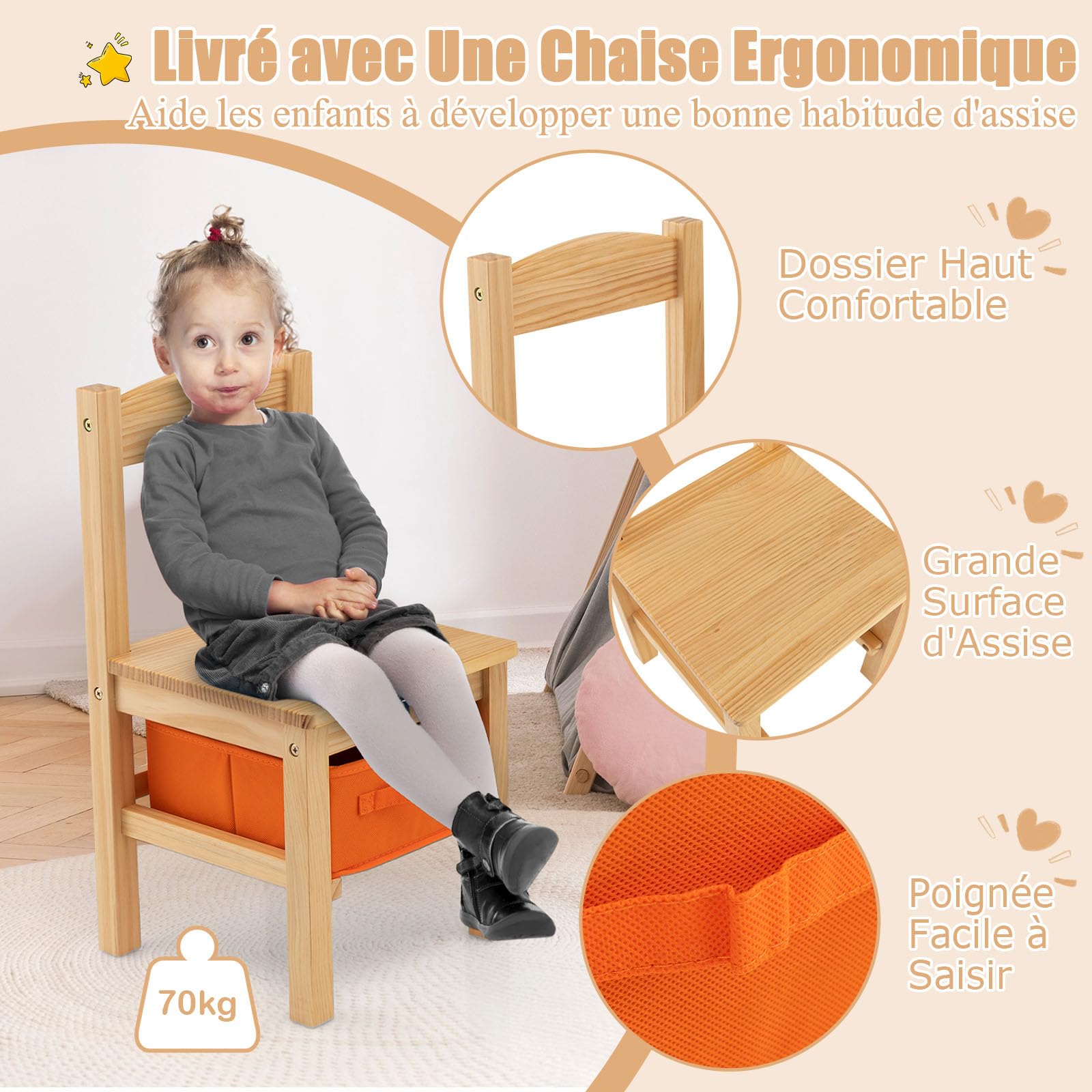 DREAMADE Bureau et Chaise Enfants 59x40x55CM en Bois,Table d'Étude Enfant 3+Ans,Plateau Rabattable,Crochet,Table et Chaise avec Tiroir en Tissu pour Fille Garçon,Charge 70KG (Naturel)