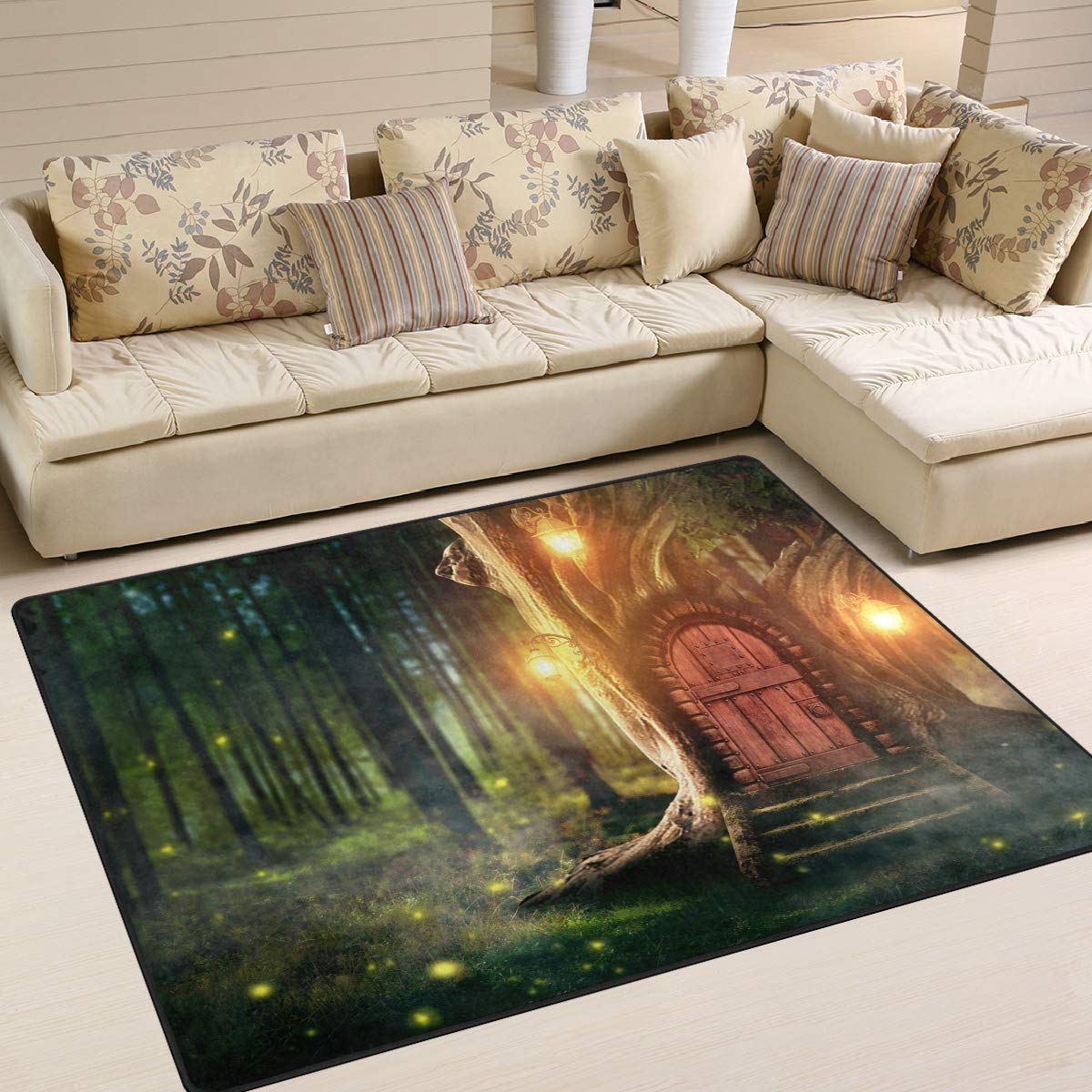 Forest Tree Door Glowworm Area Rug Easy Clean Stain Fade Resistant Living Room Carpet Comfy Bedroom Home Decorate Floor Kids Playing Mat