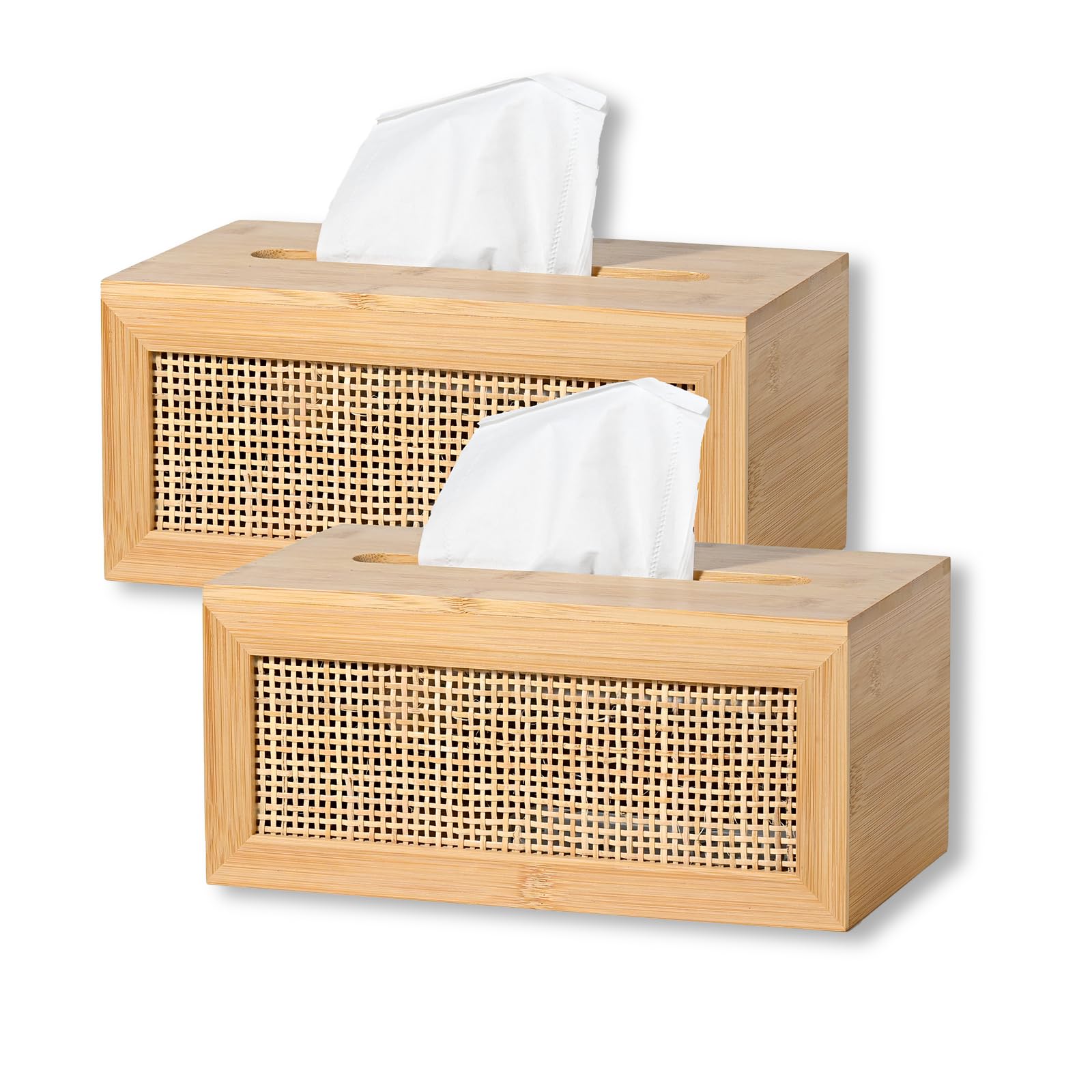 Lot de 2 grandes boîtes à mouchoirs rectangulaires en bambou naturel pour salle de bain, salon, chambre à coucher, bureau