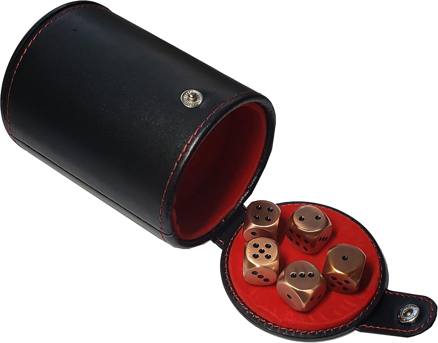 Set of Dice Cup Black PU Leather with Storage Compartment Red Felt Lined + 16mm Zinc Alloy Metal Dice, Gift Boxed (Antique Copper, Black)