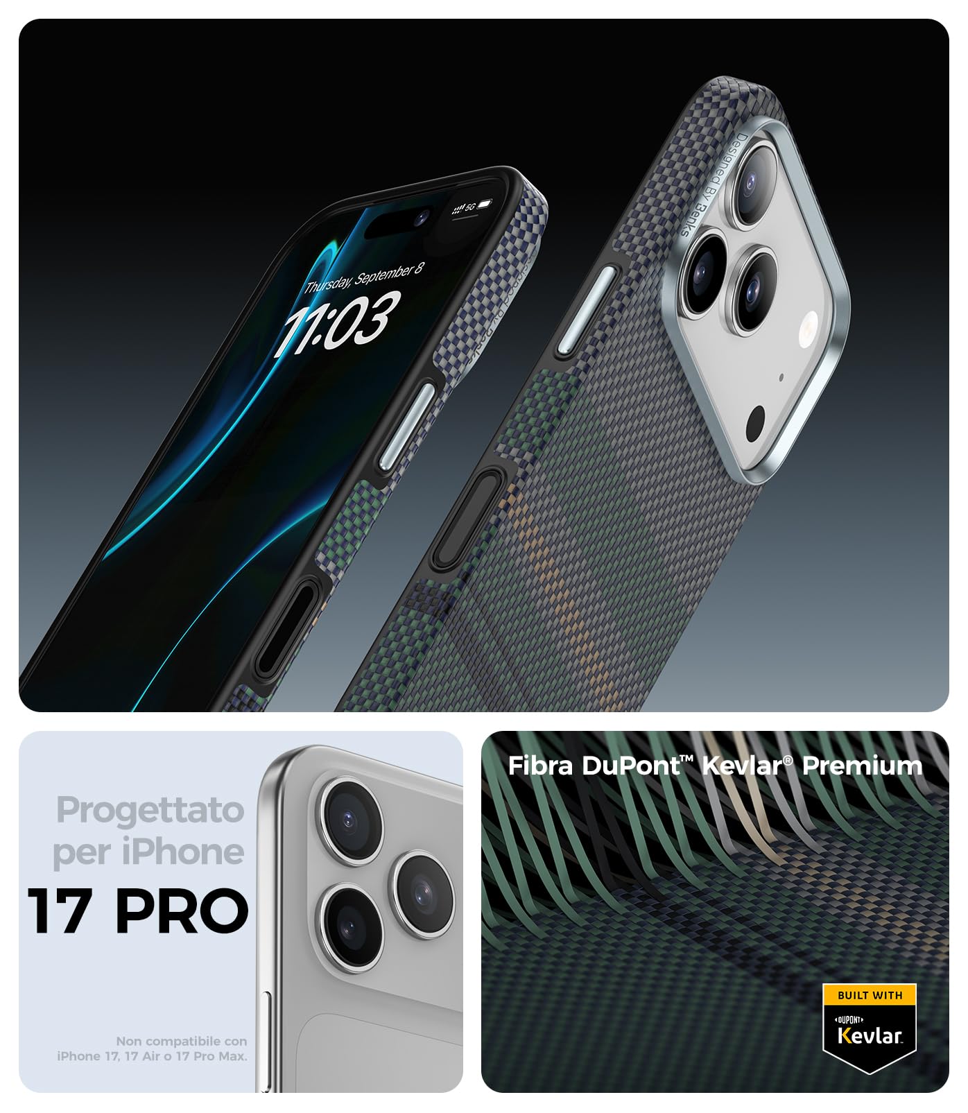 BENKS Aurora ArmorPro Cover Magnetica per iPhone 17 Pro con Protezione Fotocamera Compatibile con MagSafe, Fibra Aramidica 600D + 1000D e TPU, Sensazione Tessuta Confortevole