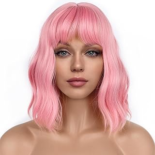 Pastel Bob Wigs with Bangs for Women Loose Wavy Wig Pastel Wavy Shoulder Length Bob Synthetic Cosplay Wig for Girl Colorful Costume Wigs (Pink)