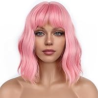 Vista 18 de Pelucas cortas estilo Bob con flequillo para mujer, peluca ondulada suelta rizada ondulada longitud al hombro, peluca sintética estilo Bob para Verde