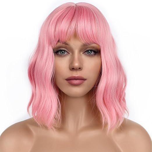 Pastel Bob Wigs with Bangs for Women Loose Wavy Wig Pastel Wavy Shoulder Length Bob Synthetic Cosplay Wig for Girl Colorful Costume Wigs (Pink)