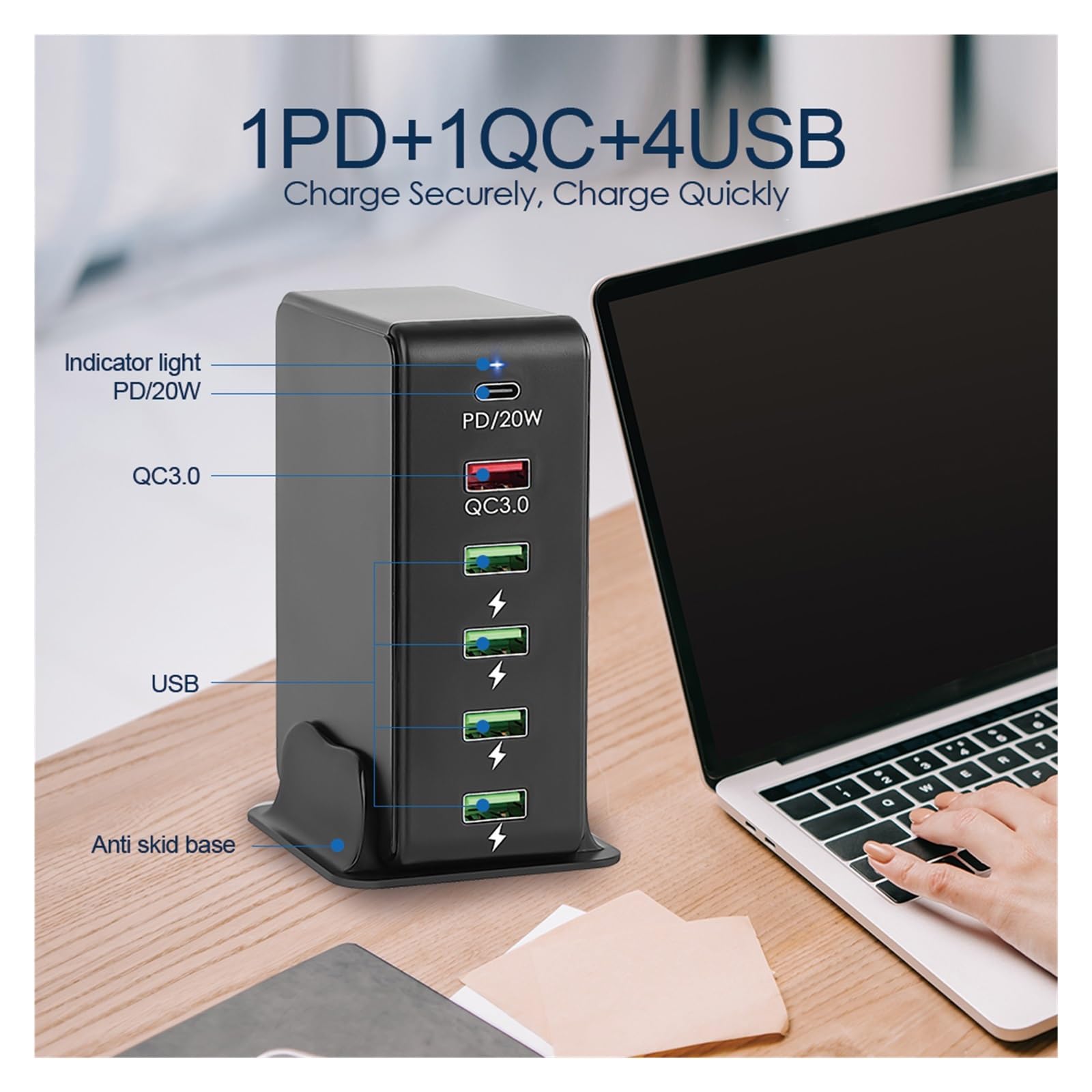 Caricatore USB Da 65 W Tavolo For Stazione Di Ricarica 6 Porte For Telefono QC3.0 PD Rapido C 20 Capacità Di Ricarica Rapida(Black)