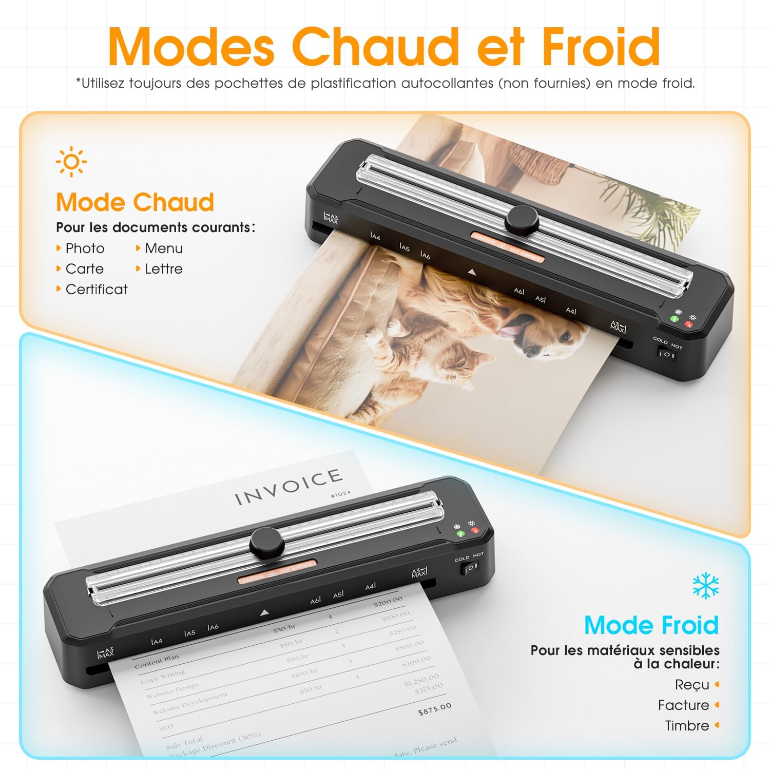 Crenova Plastifieuse A3, Chauffe rapide, Modes chaud et froid, avec 10 pochettes et arrondisseur d'angles, noir