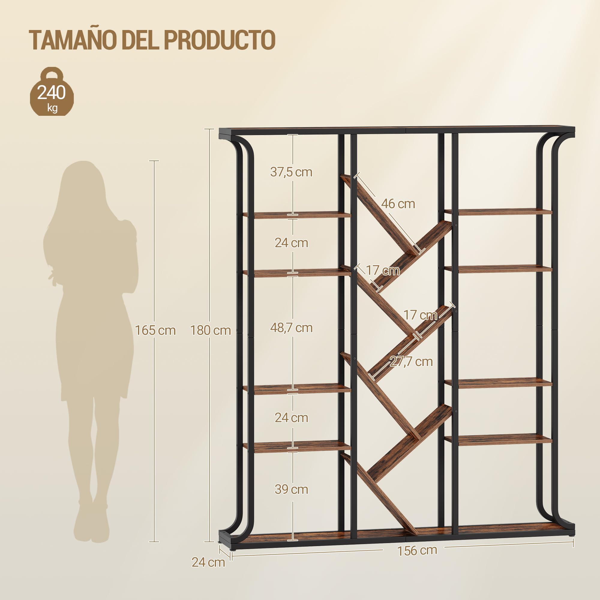 Hzuaneri Bücherregal, 3 Säulen 6 Tier Baumförmiges Bücherschrank, 17 Fächer offene unabhängige Regale, für Home-Office, Schlafzimmer, Wohnzimmer, 24 x 156 x 180 cm Vintage Braun-Schwarz BC53201B