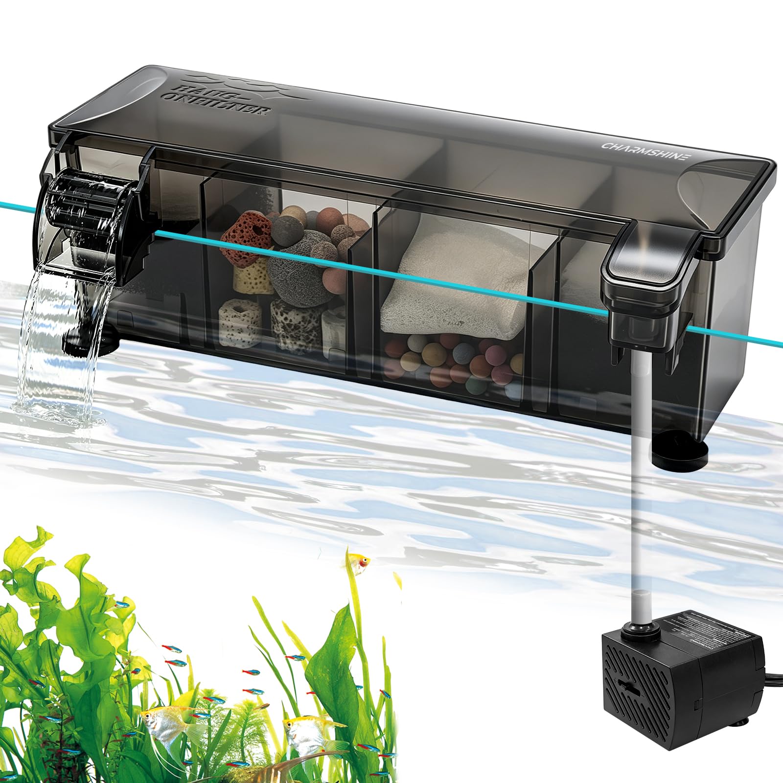 Hang-on-Back Aquarium-Filterbox mit 10 W Wasserpumpe, Wasserfall-Sauerstoffversorgung, passend für hohen und niedrigen Wasserstand, für 30-78 Liter Fisch- und Schildkrötenbecken