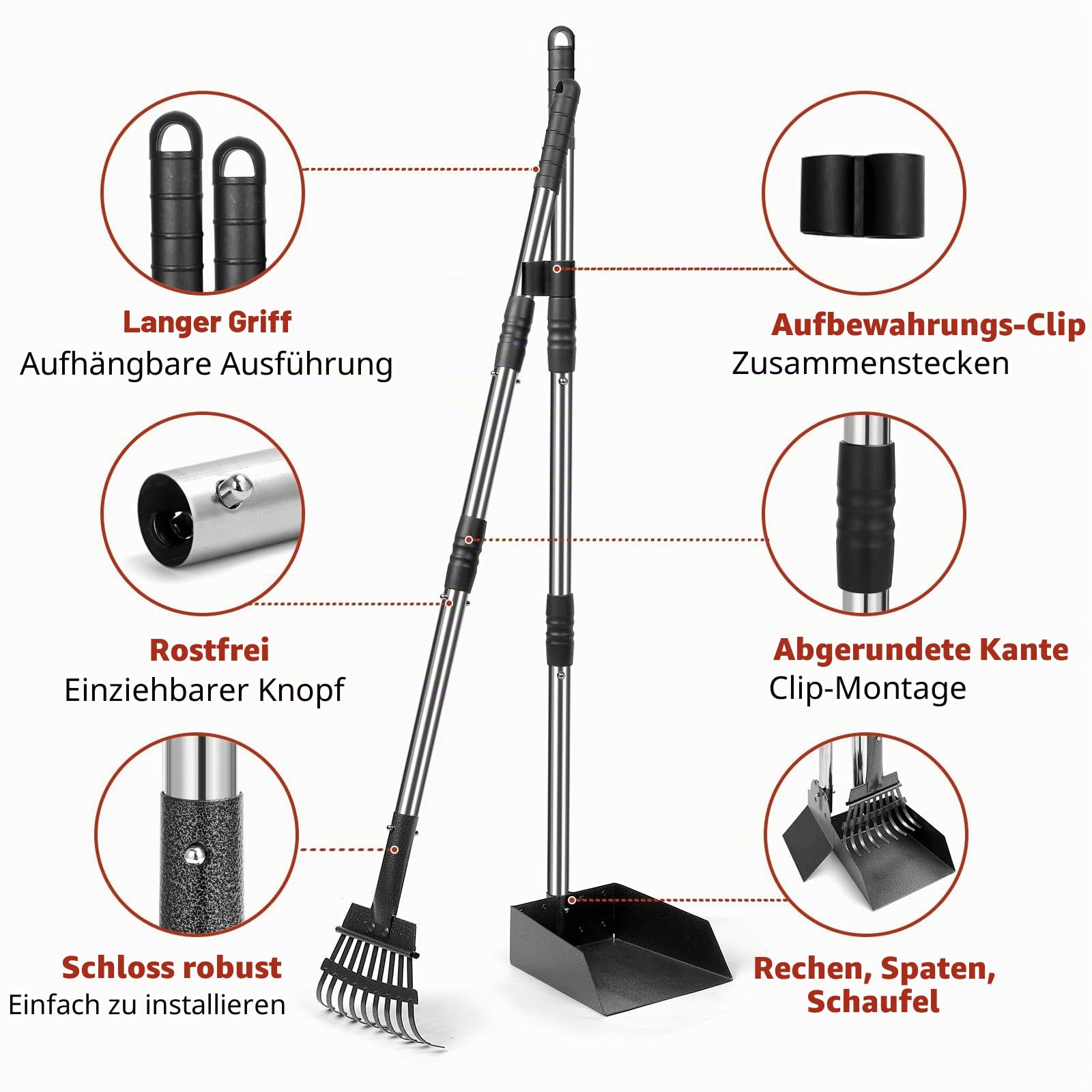 Hundekotschaufel Set mit 96 cm langem Griff – Abnehmbares Metalltablett, Rechen für große, mittelgroße & kleine Hunde – Hundekotentferner für Garten, Rasen, Erde oder Kies