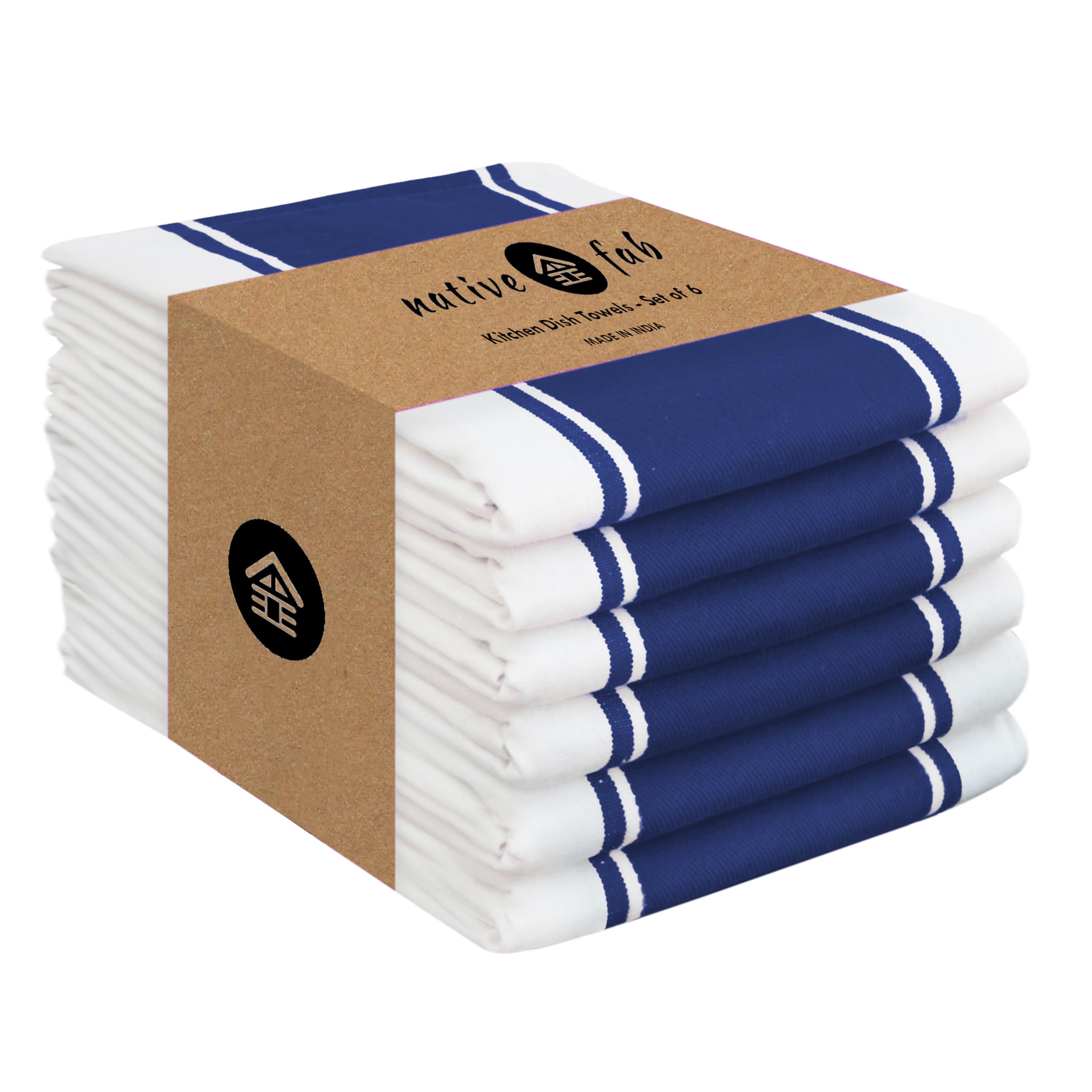 Native Fab Kitchen Dish Towels 18x28 Inch, Set of 6, Wide Stripe, Super Absorbent, Fast Dry, Soft, 100% Cotton Towels for Wiping Hands, Drying Dishes, Cleaning Spills Dish Cloths Set - Ink Blue