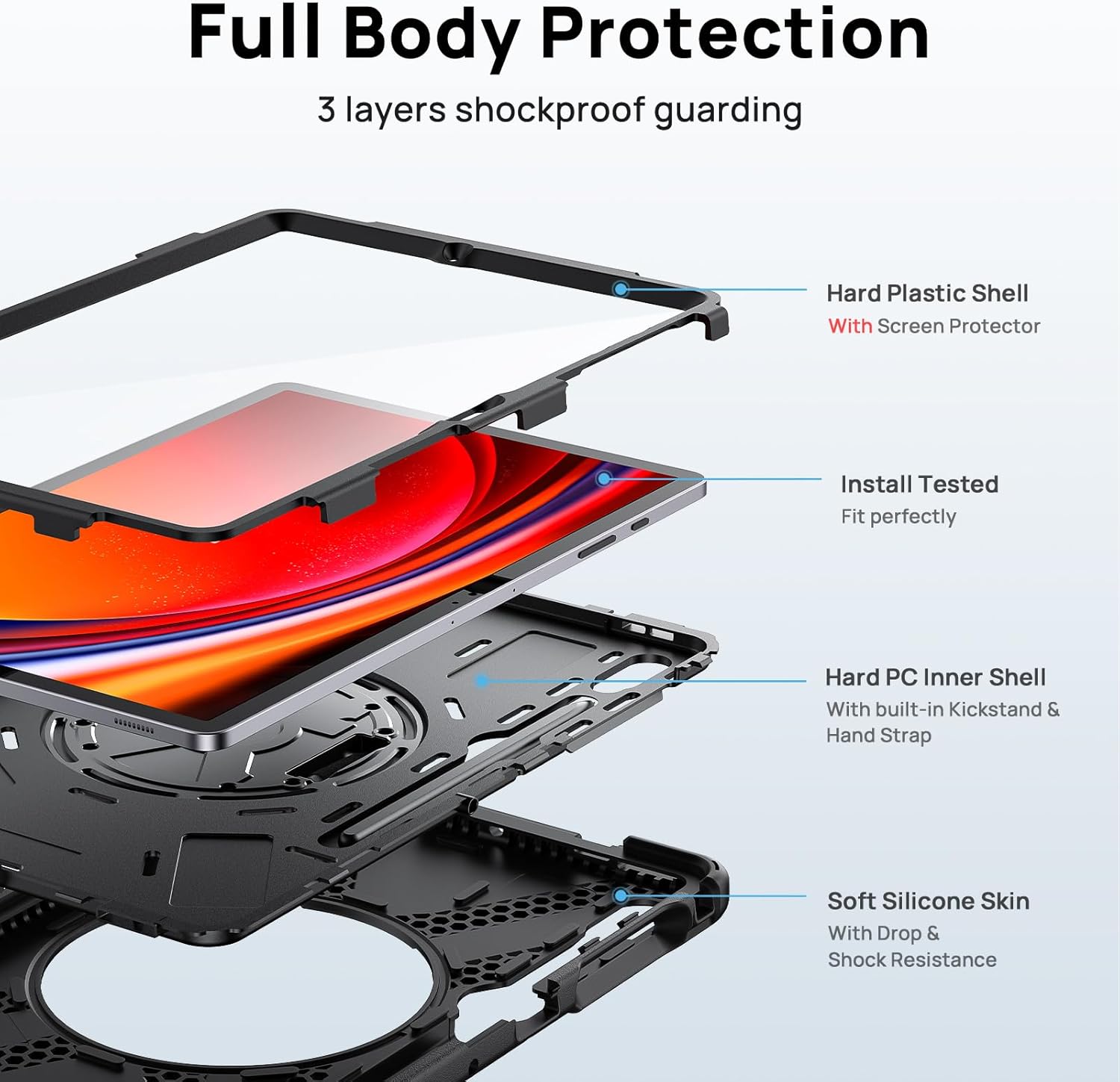 Gerutek Case for Samsung Galaxy Tab S10 Plus/S9 Plus/S9 FE Plus/S8 Plus/S7 Plus/S7 FE 12.4 inch, Full-Body Drop Protective Case with Screen Protector, Pencil Holder, Rotating Hand Stand Strap, Black
