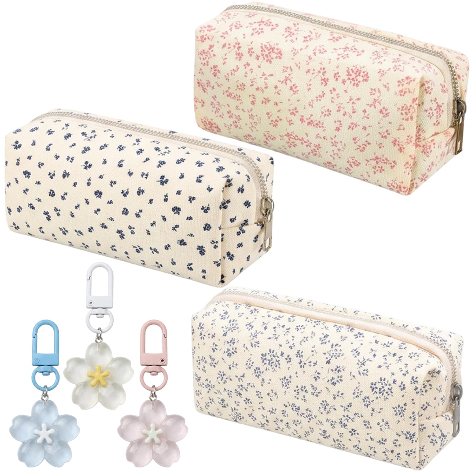 ZeBQrphio 3 PCS Floral Pencil Case Set, Cute Fabric Pencil Cases for Students, Aesthetic Pencil Case Collection with Keychain, Practical Storage for Stationery and Makeup Organization
