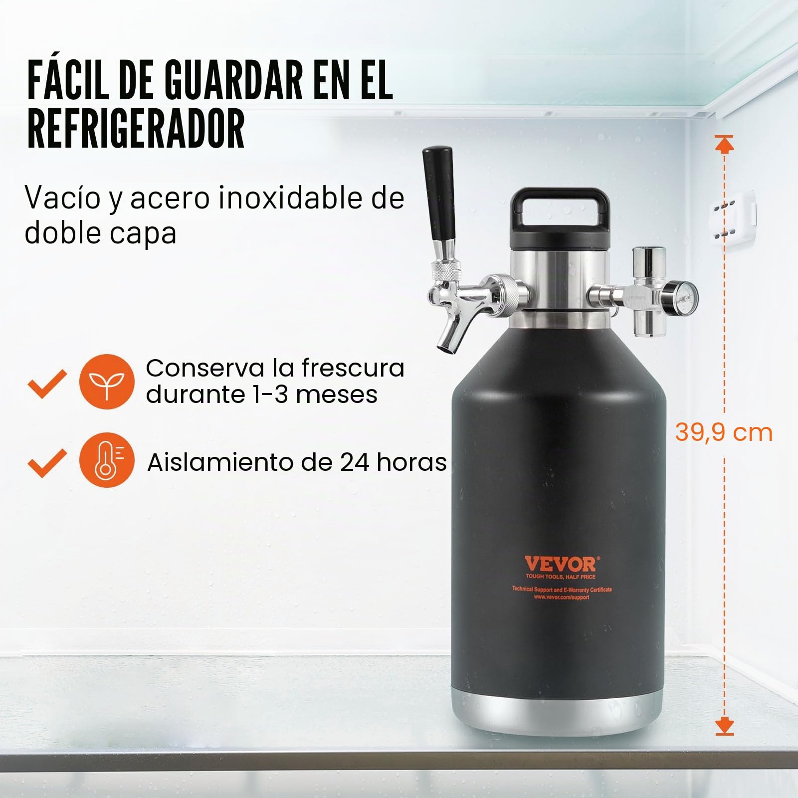 VEVOR Mini Barril de Cerveza Portátil 128Oz 4L Mini Barril Presión Ajustable 0~30PSI de Acero Inoxidable Sistema de Grifo Aislado a Presión para Mantener Cerveza Carbonatada Fresca para Camping Pícnic