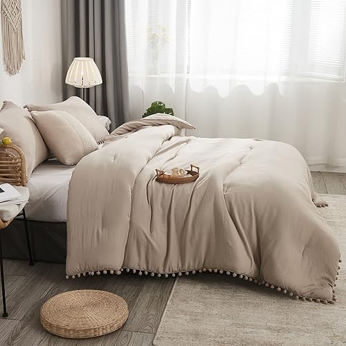 Miniatura 3 de Move Over Juego de edredón gris topo, edredón estético con pompones, diseño de bola, flecos, color caqui claro, suave, tamaño Queen, 1 edredón