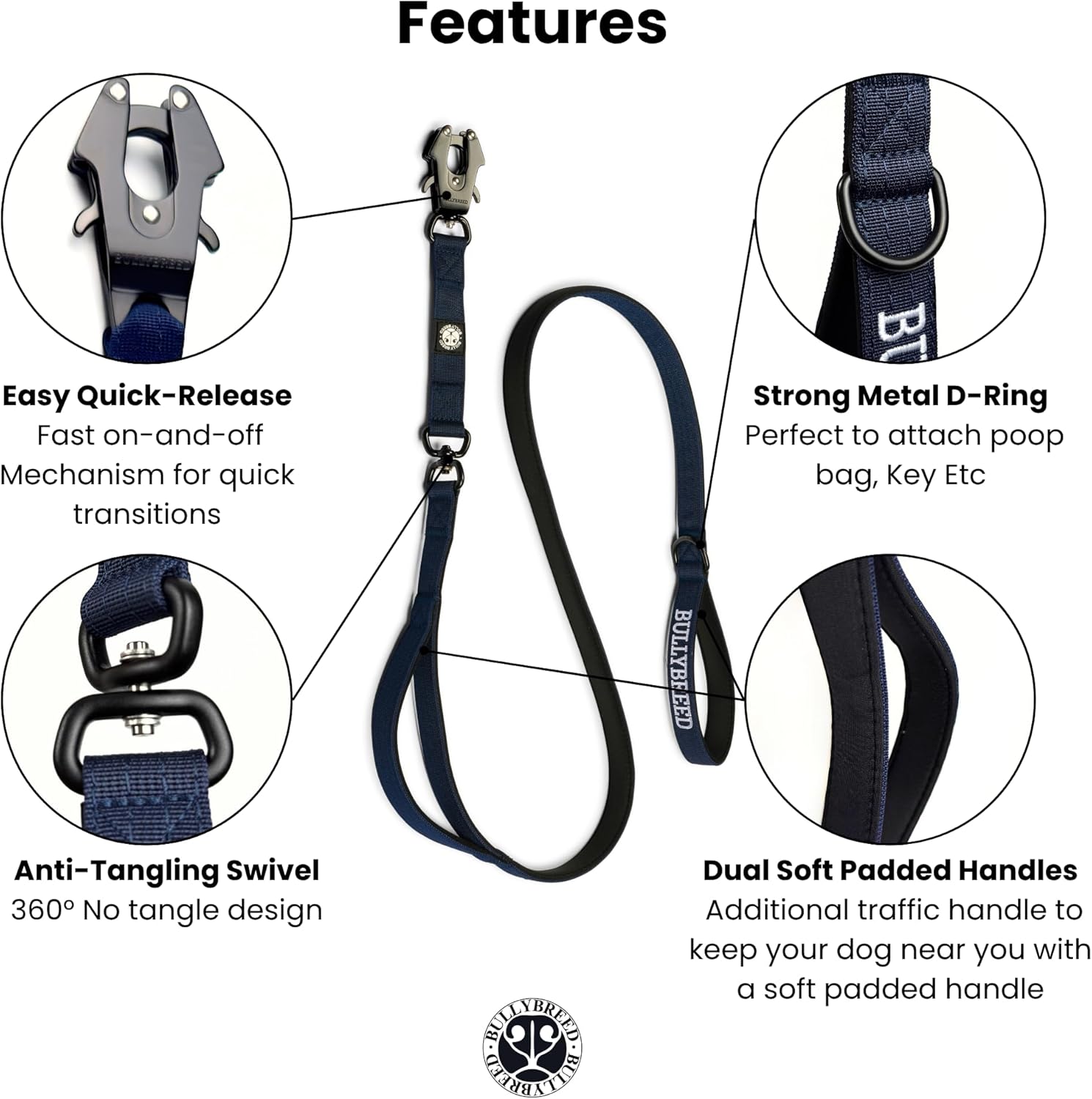 BULLYBREED | Heavy Duty Dog Leash, Tactical Dog Leash, Quick Release Frog Clip with Anti-Tangling Swivel System for Large Dogs that Pull with Soft Double Handles (5 FT Long, Navy Blue)