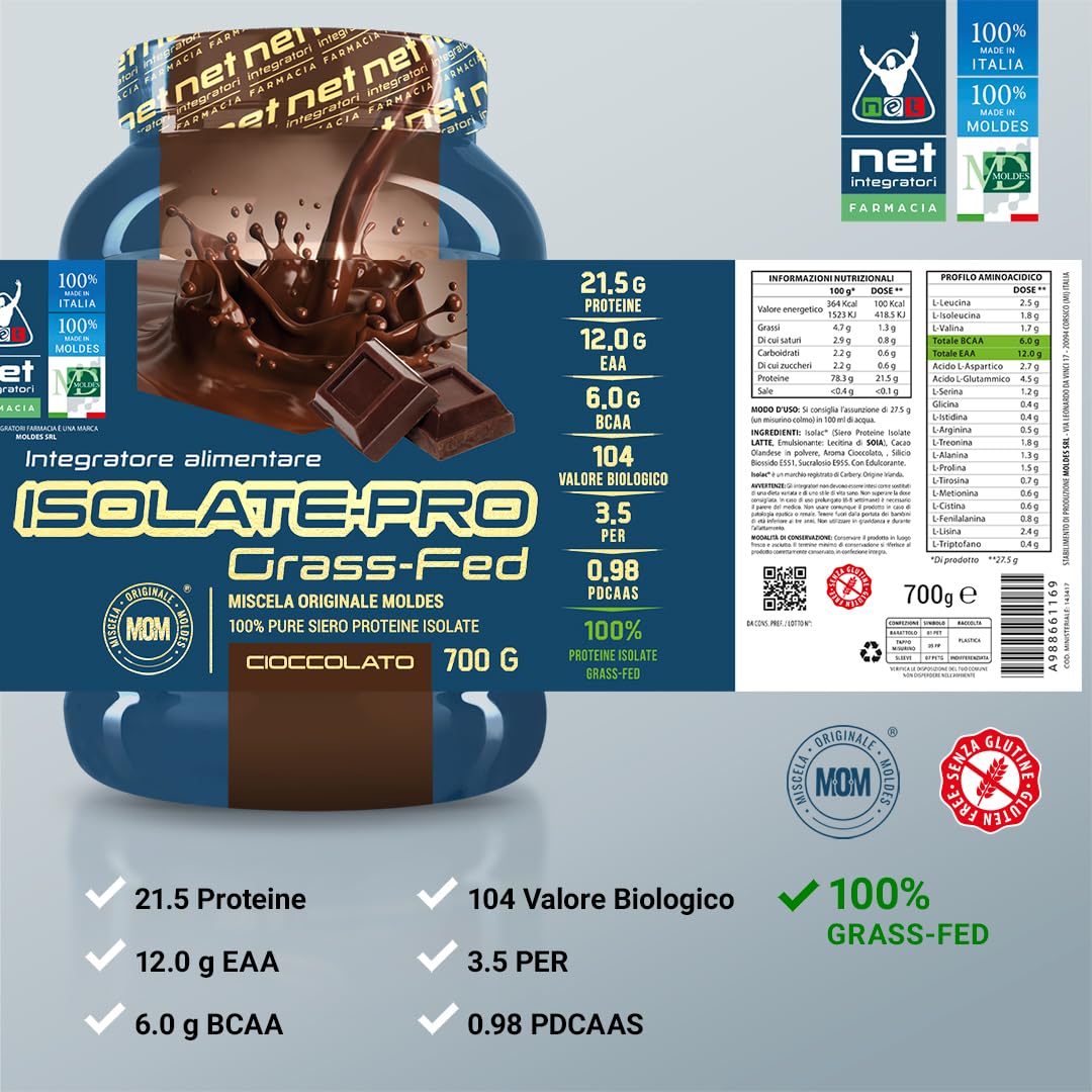 NET Integratori Farmacia ISOLATE PRO Grass Fed - 700g Cioccolato - Proteine Isolate Con EAA Aminoacidi Essenziali e BCAA - Massimizza La Sintesi Proteica e La Crescita Muscolare