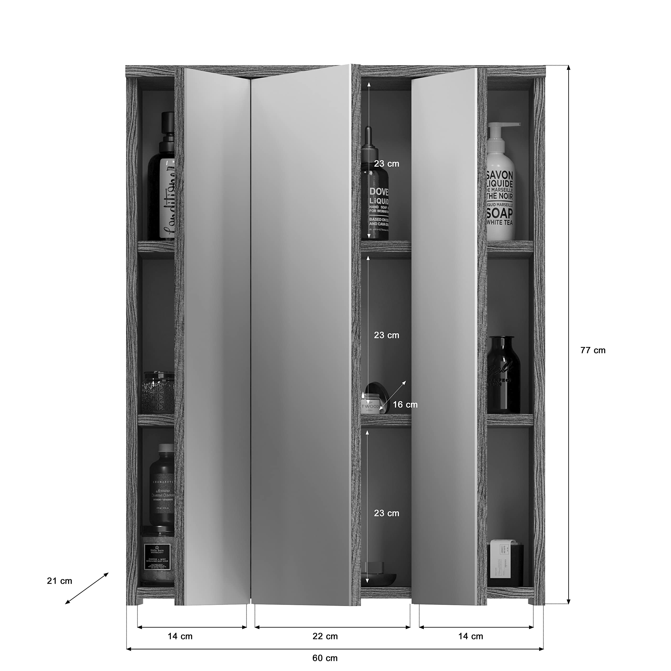 xonox.home Badezimmer Blake 3tlg. Kombination Badmöbel Set Set für kleine Bäder Komplettprogramm Badezimmer Bademöbel-Set in weiß Hochglanz, rauchsilber Nachbildung