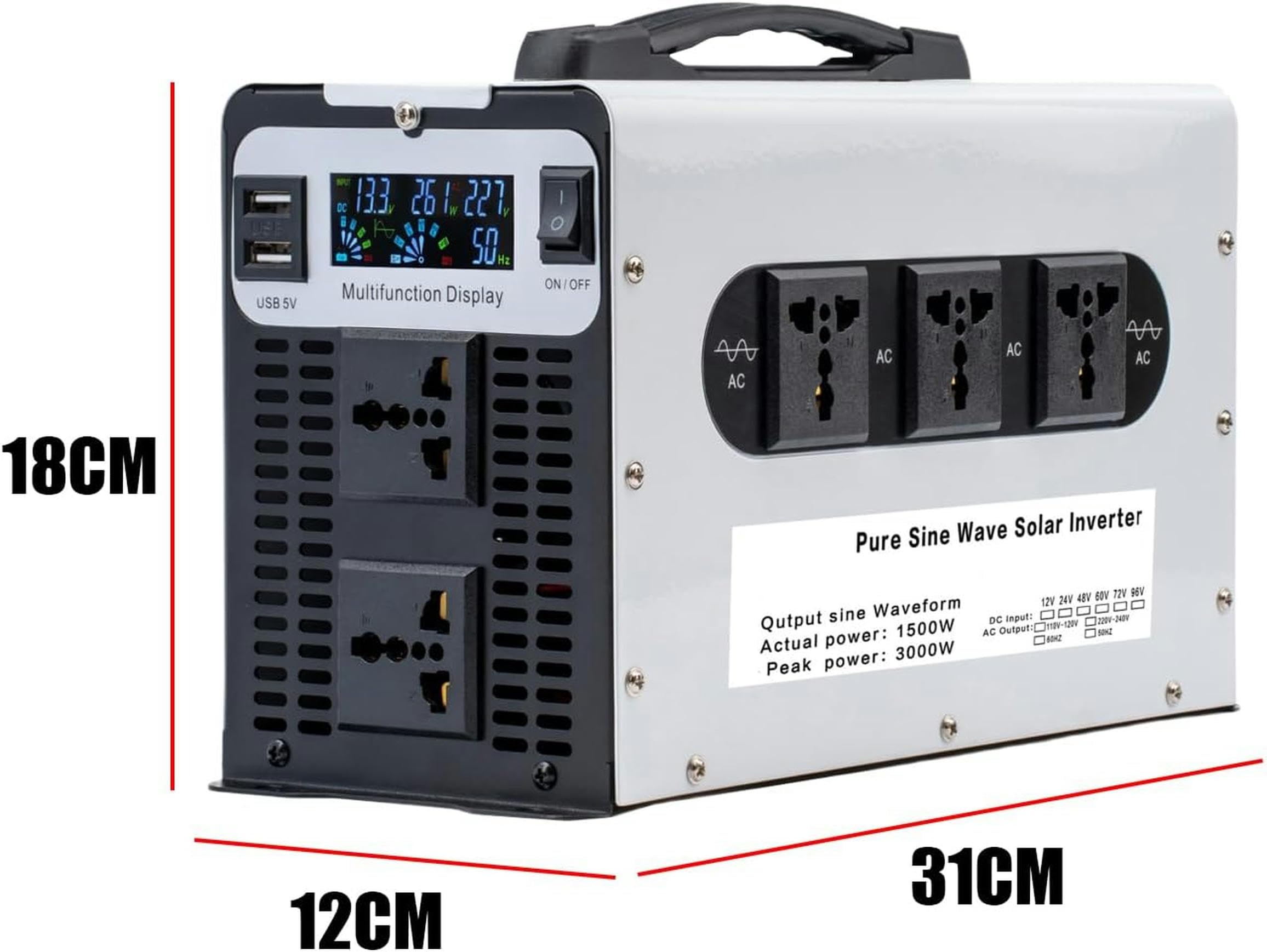 1500W Reine Sinus-Wellenleistung Wechselrichter Mit Peak 3000W, 12 V 24 V 48 V 60 V 72 V DC Bis 110 V/120 V 230 V/240 V AC-Konverter, 5 Wechselstrom-Steckdosen, 2 USB