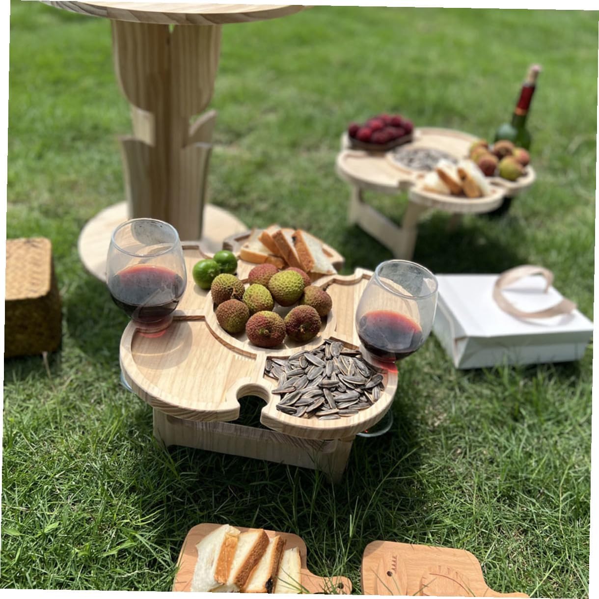 Hemoton Portable Foldable Wine Table with Wooden Tray, 35cm Diameter Petal Shape, Outdoor Picnic and Beach Folding Beverage Rack for Camping and BBQ