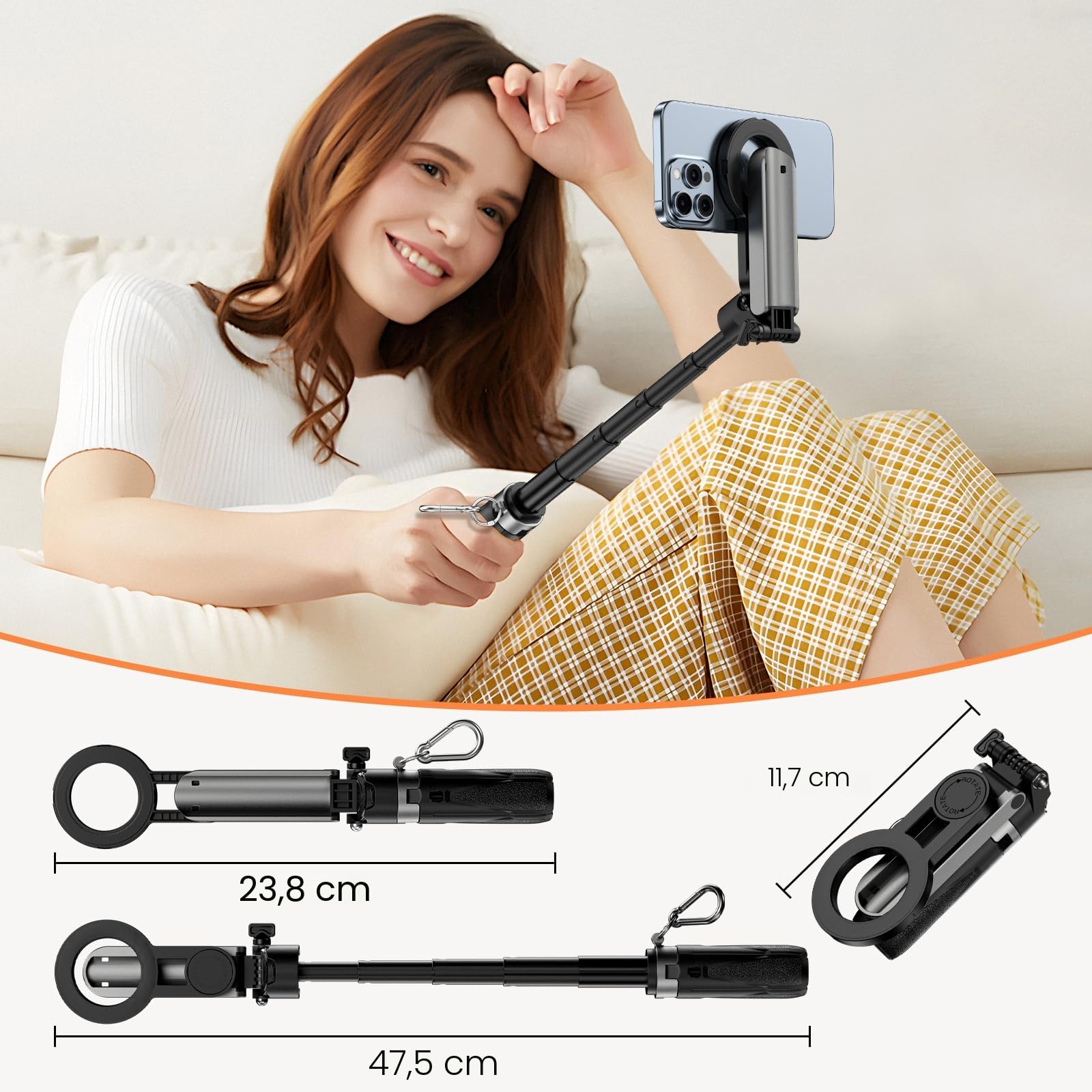 CloudValley Mini Trépied Selfie Stick 4-en-1 Magnétique pour Smartphone, Support Téléphone Portable avec Rotation 360°, Télécommande Bluetooth, Compatible iPhone/Android, Vlog/Photo/Vidéo