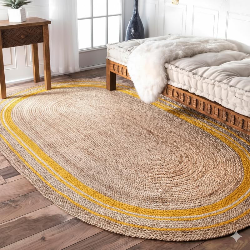Tappeto ovale intrecciato a mano intrecciato a mano in iuta naturale con bordo giallo, luminoso, resistente, per soggiorno, camera da letto e decorazione per la casa