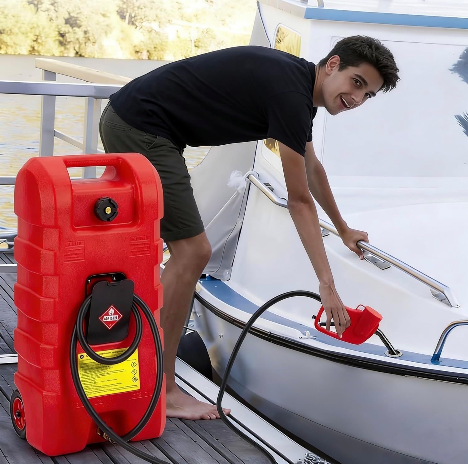 15 Gallon Gas Can with Hand Pump - Gas Caddy with10FT Hose,for Gasoline, Diesel, Kerosene, Water - Leak-Proof,Fuel Caddy Fits Cars, Trucks, Lawn Mowers, Atvs, Boats(2 Gal/Min Flow Rate)